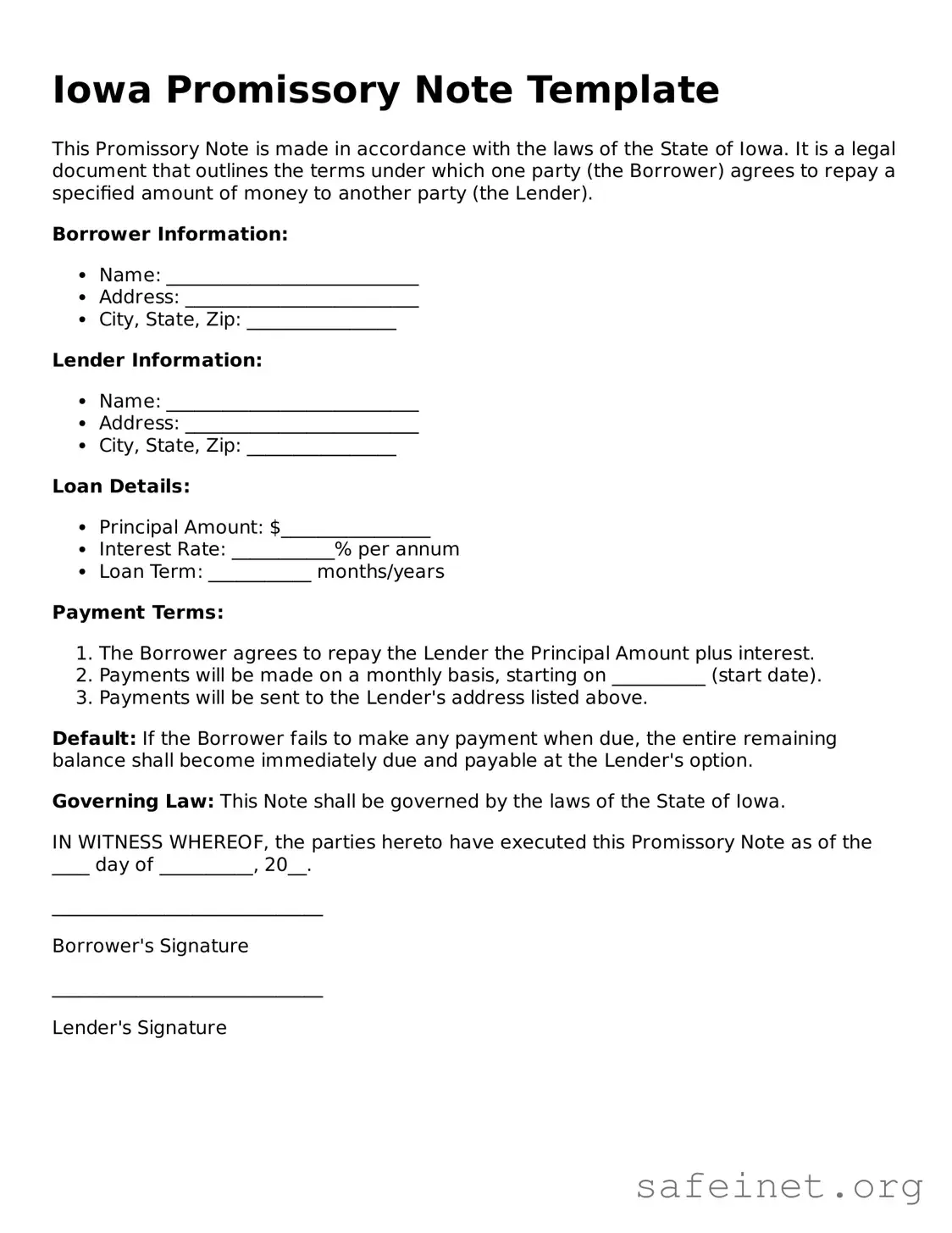 Valid Promissory Note Template for the State of Iowa