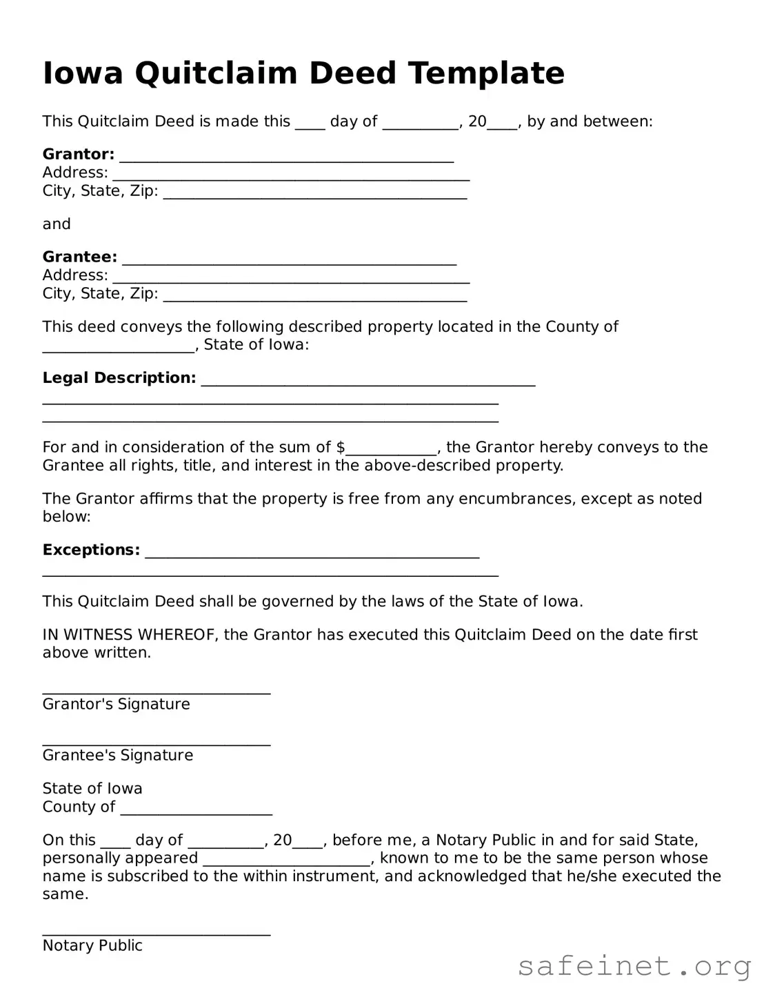 Valid Quitclaim Deed Template for the State of Iowa