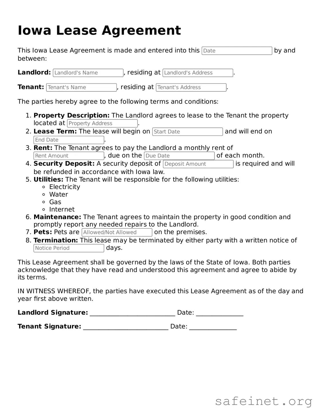 Valid Lease Agreement Template for the State of Iowa