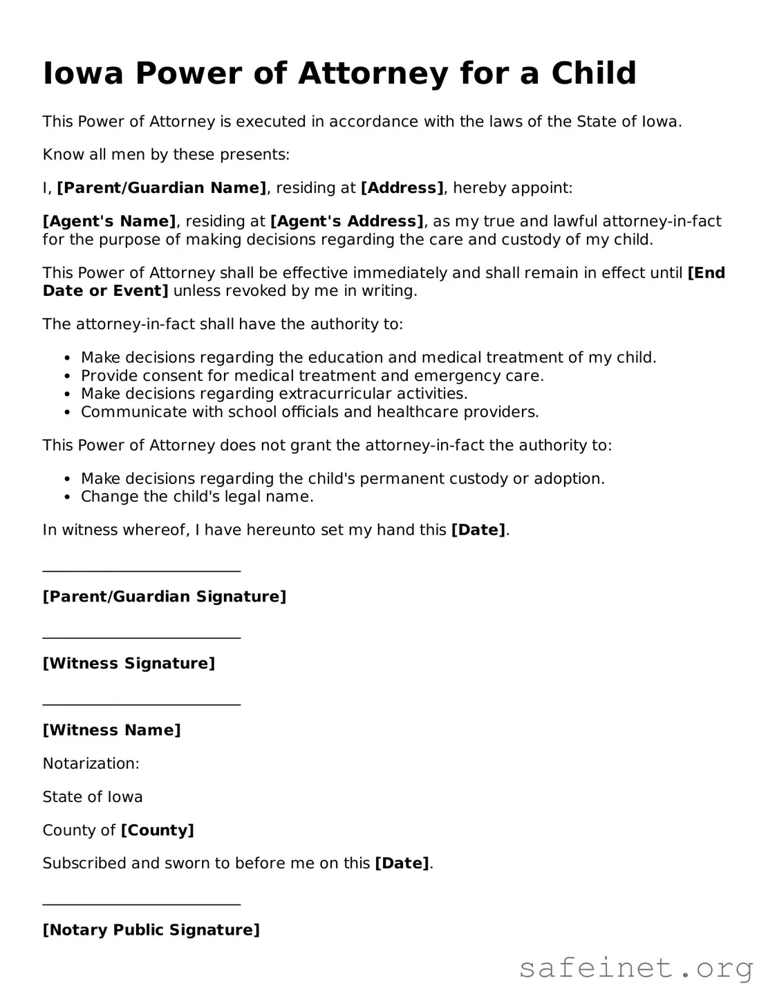 Valid Power of Attorney for a Child Template for the State of Iowa