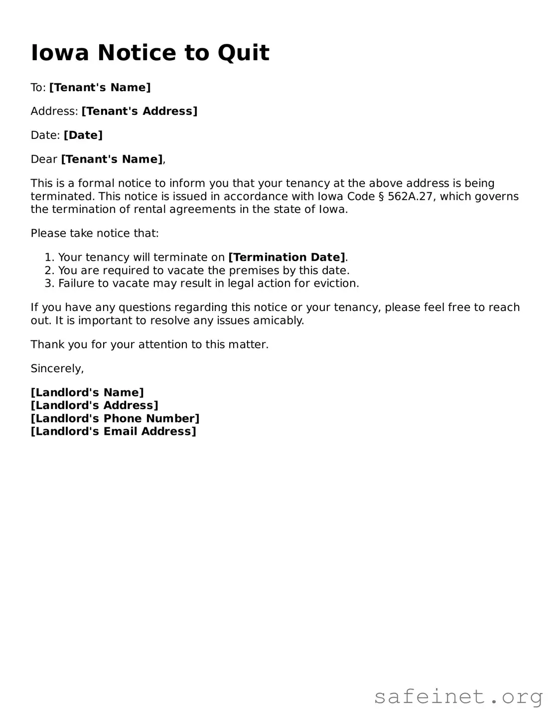 Valid Notice to Quit Template for the State of Iowa