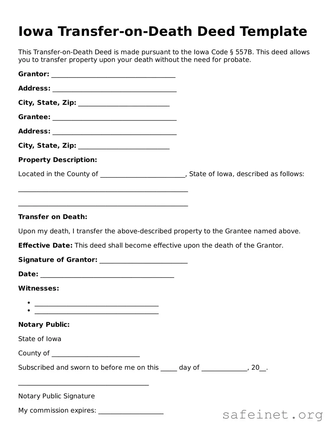 Valid Transfer-on-Death Deed Template for the State of Iowa