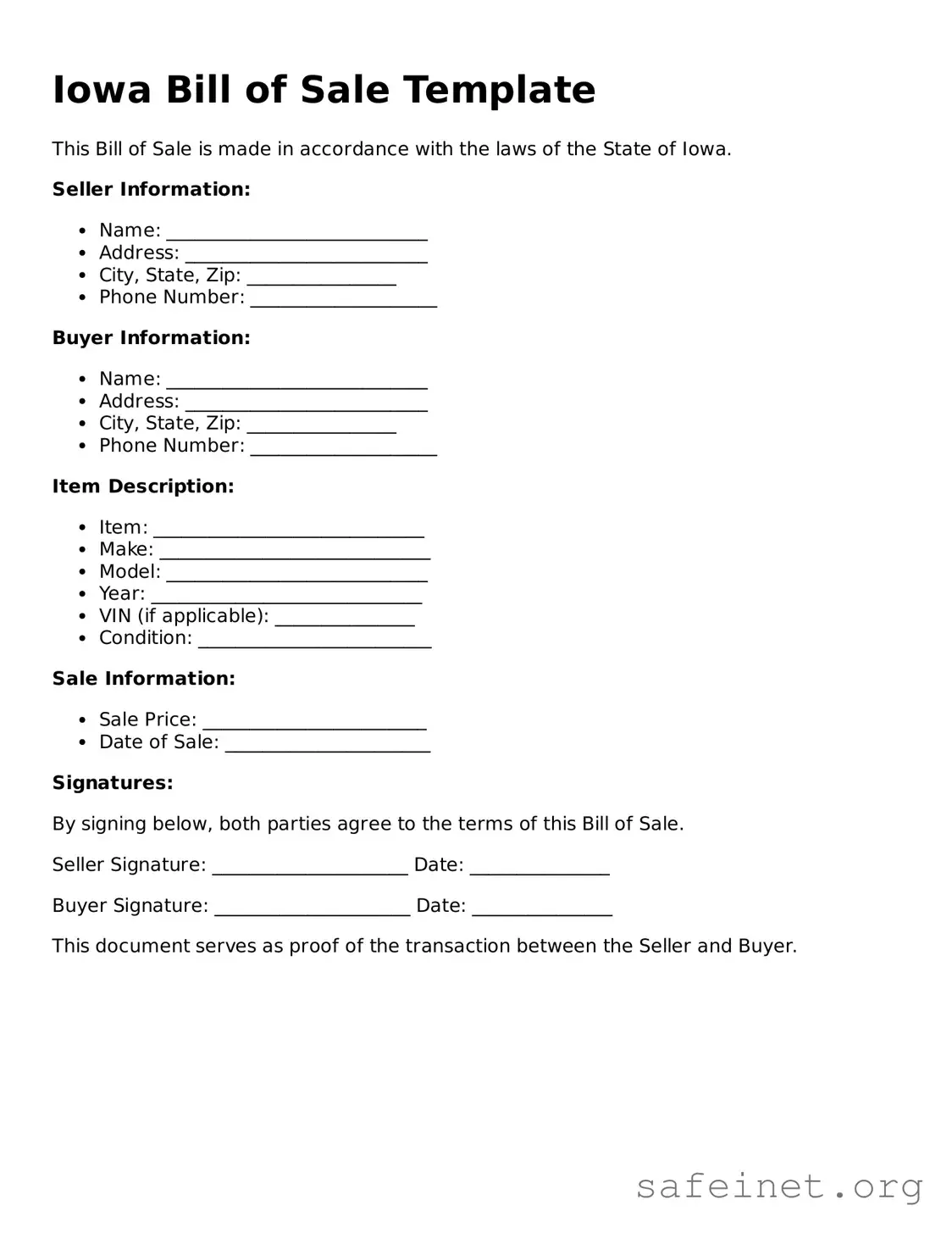 Valid Bill of Sale Template for the State of Iowa