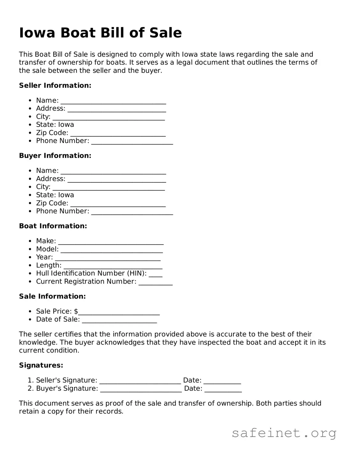 Valid Boat Bill of Sale Template for the State of Iowa