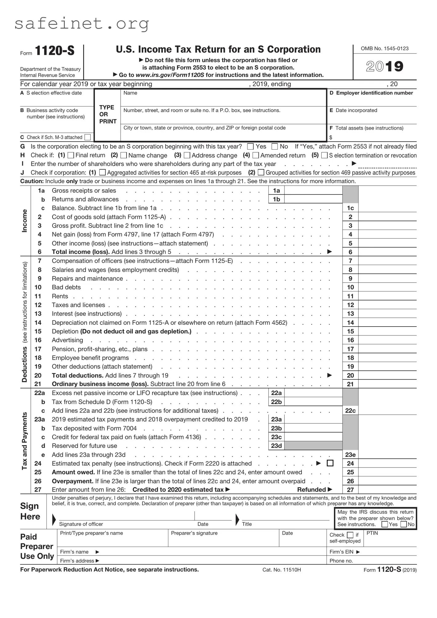 Blank IRS 1120-S Template