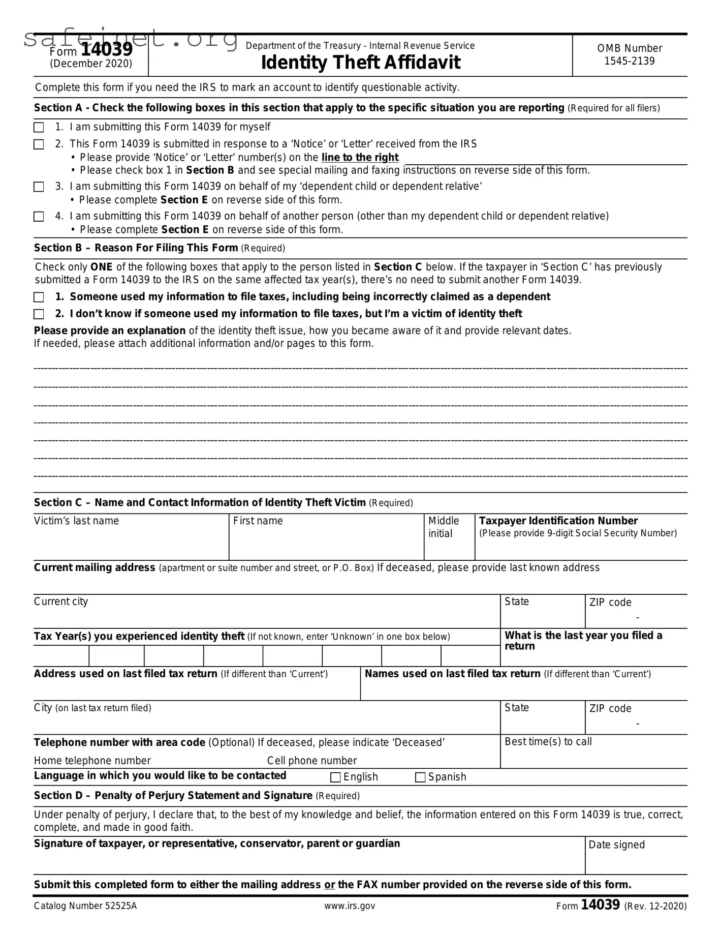 Blank IRS 14039 Template