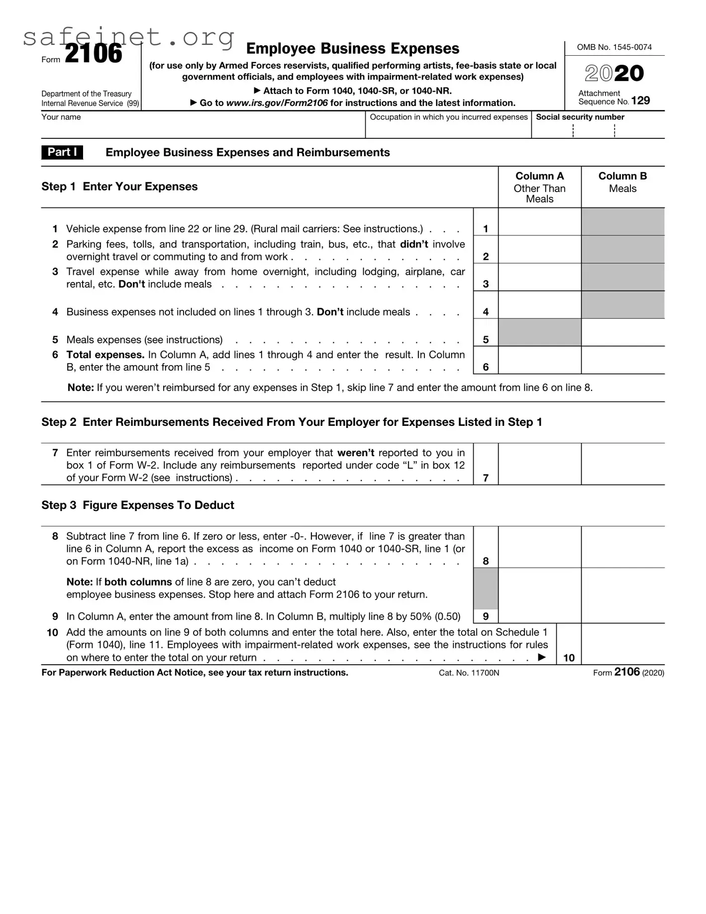 Blank IRS 2106 Template