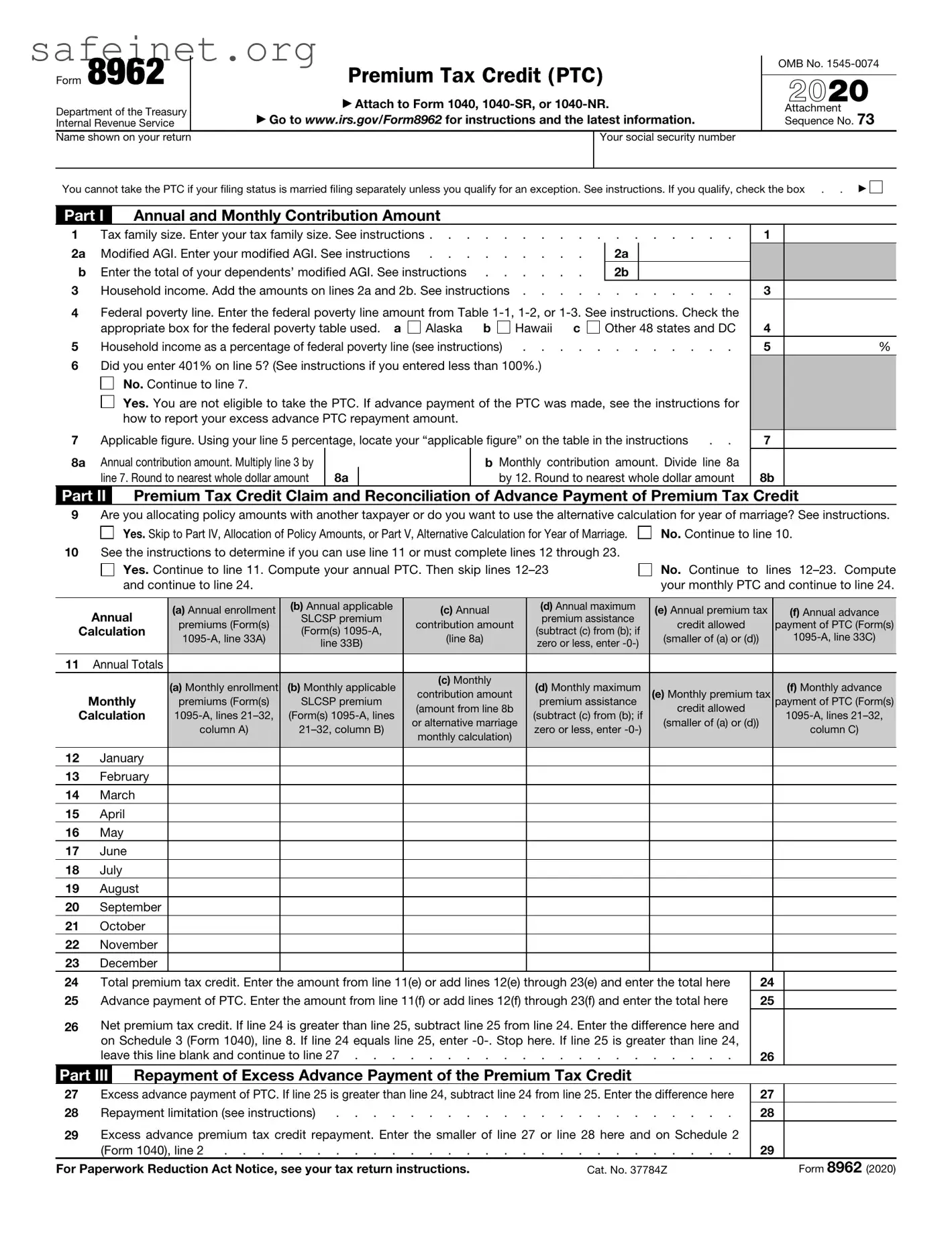 Blank IRS 8962 Template