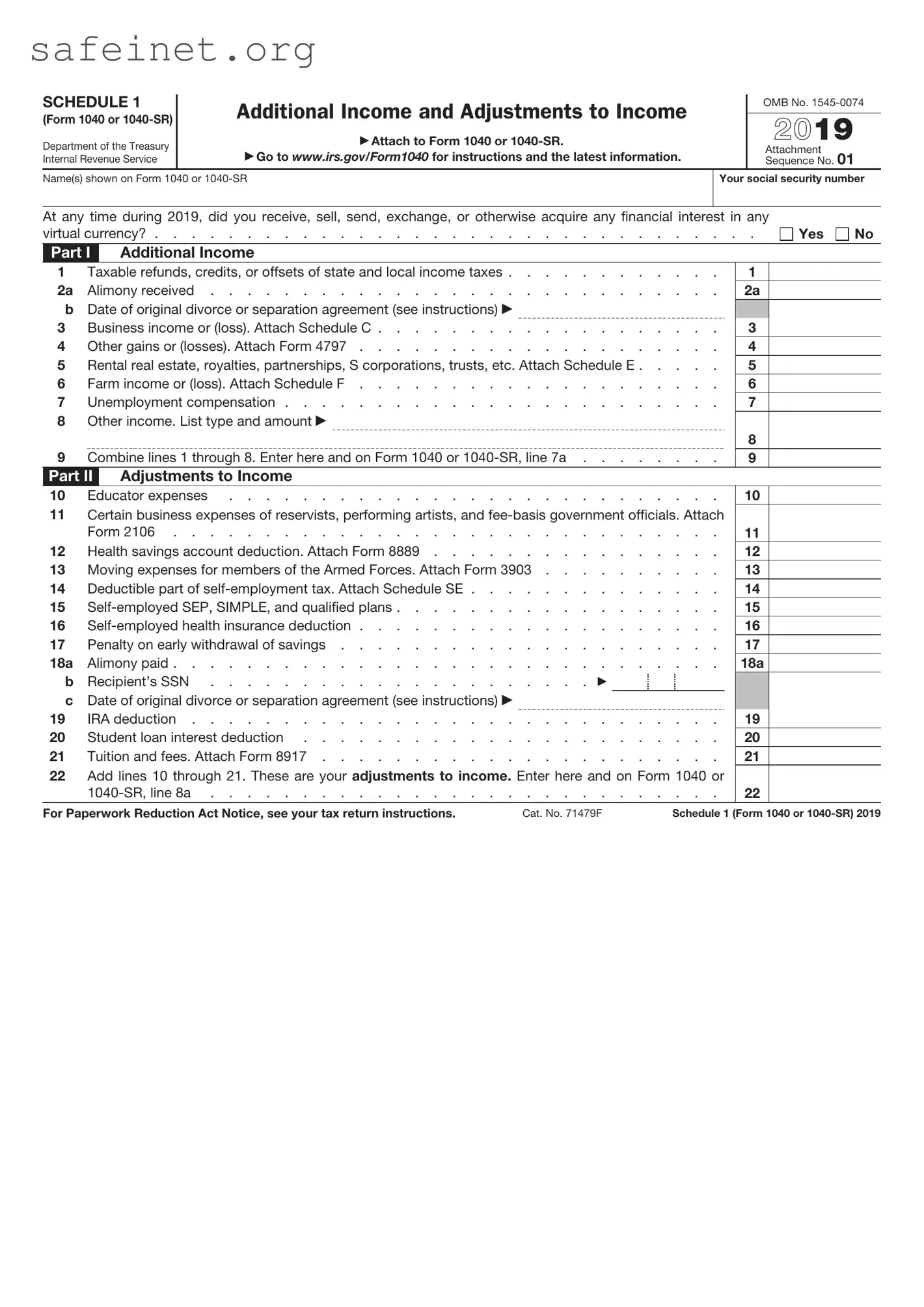 Blank IRS Schedule 1 1040 or 1040-SR Template
