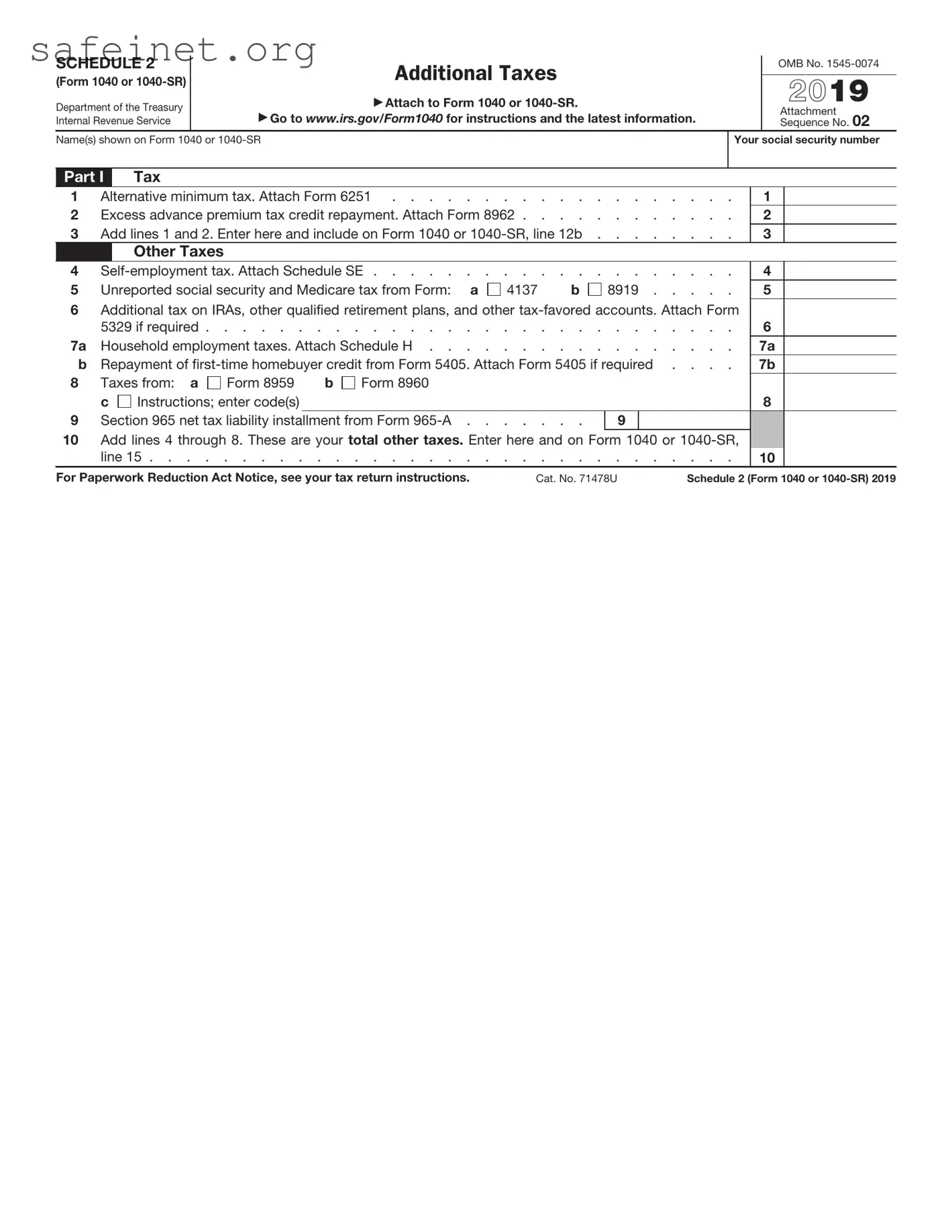 Blank IRS Schedule 2 1040 or 1040-SR Template
