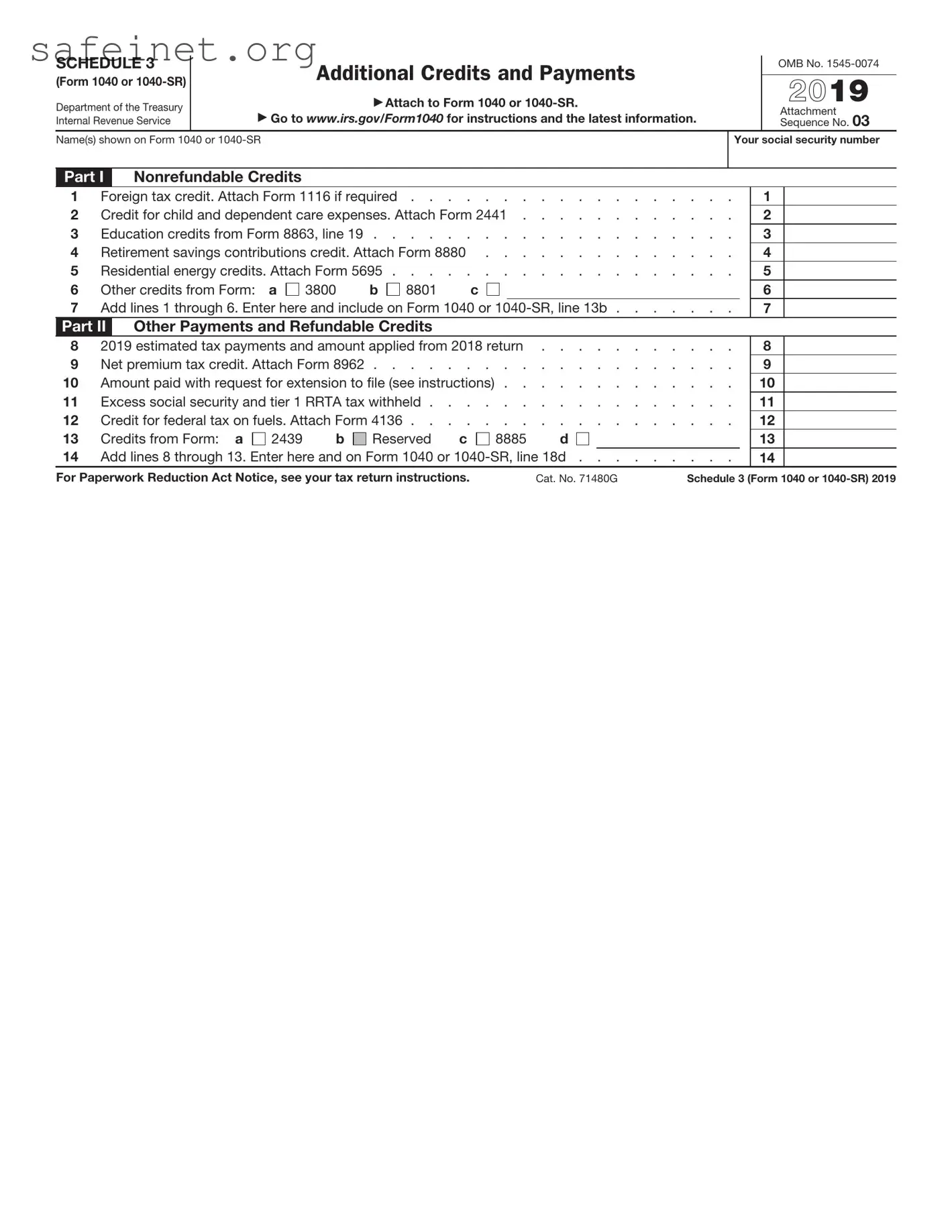 Blank IRS Schedule 3 1040 or 1040-SR Template