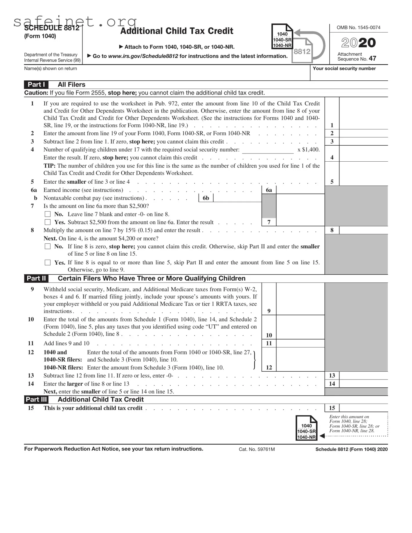 Blank IRS Schedule 8812 1040 Template