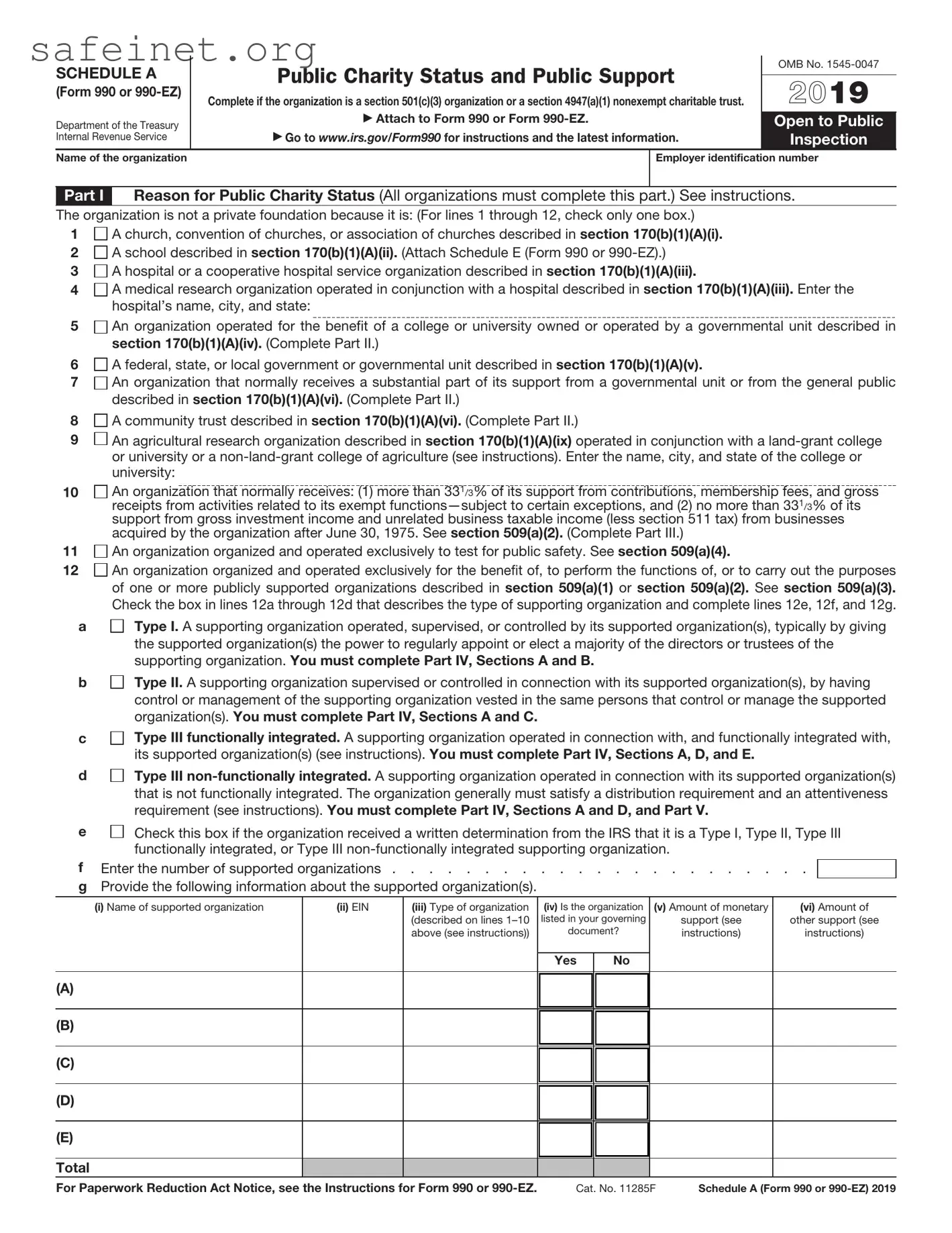 Blank IRS Schedule A 990 or 990-EZ Template