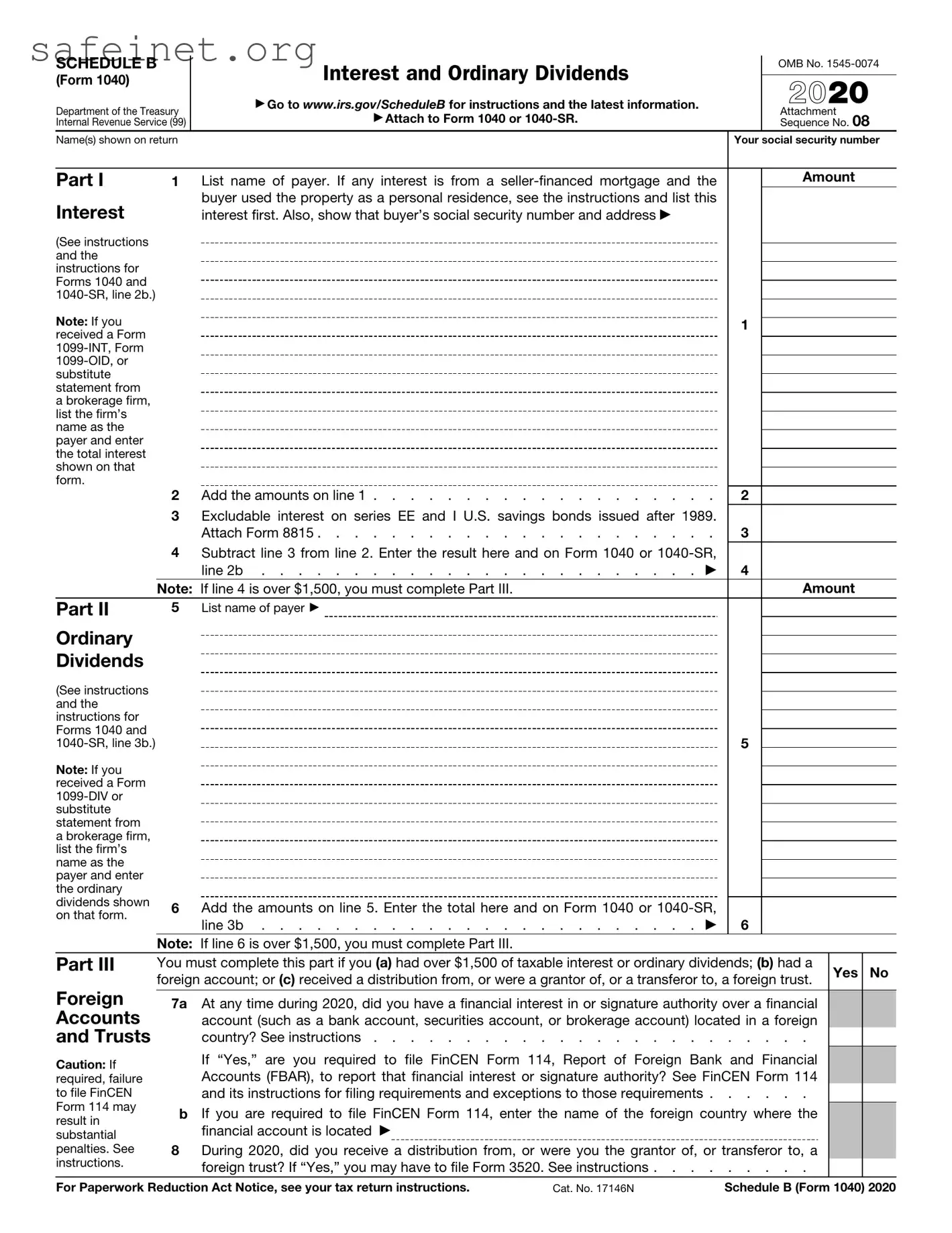 Blank IRS Schedule B 1040 Template