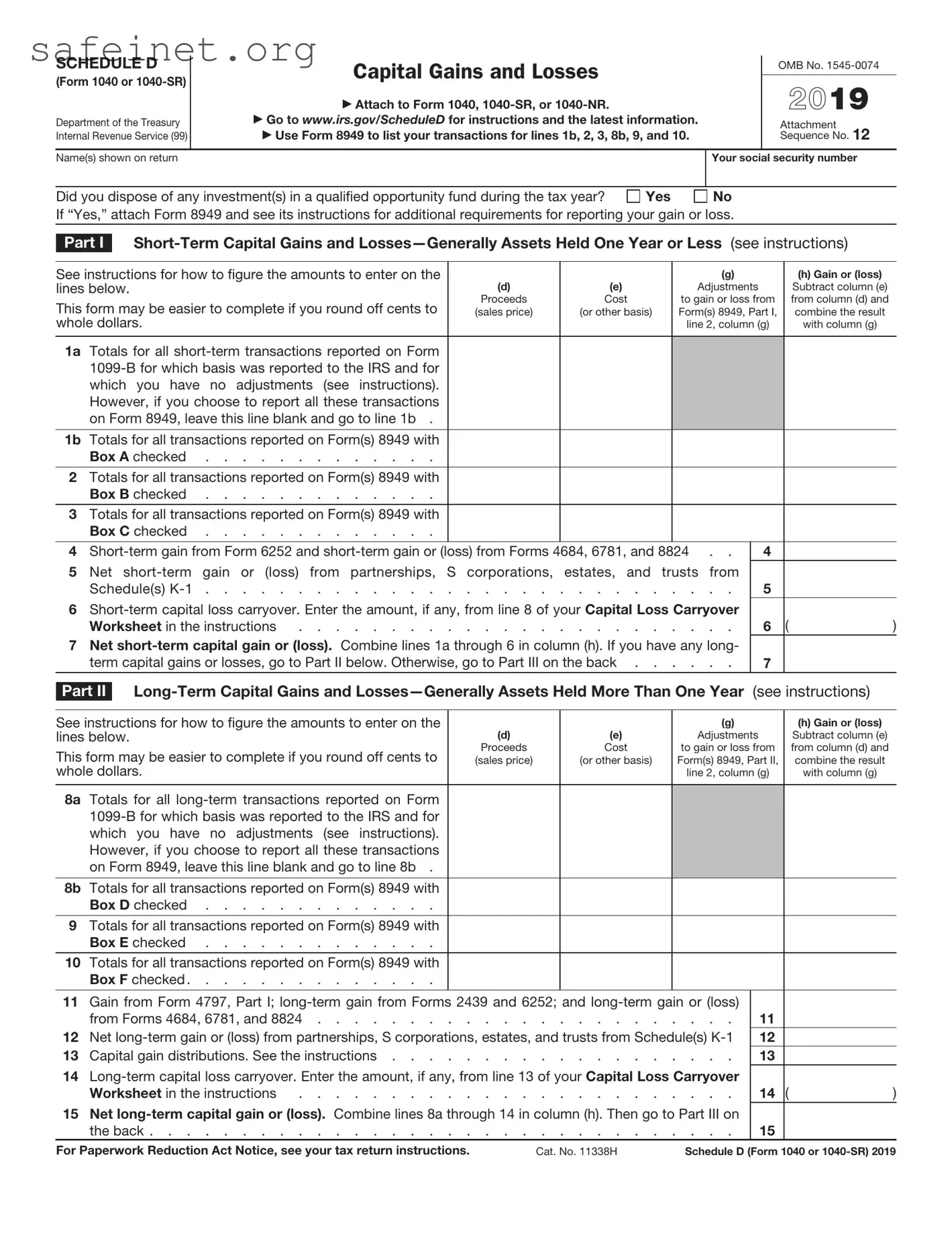 Blank IRS Schedule D 1040 or 1040-SR Template