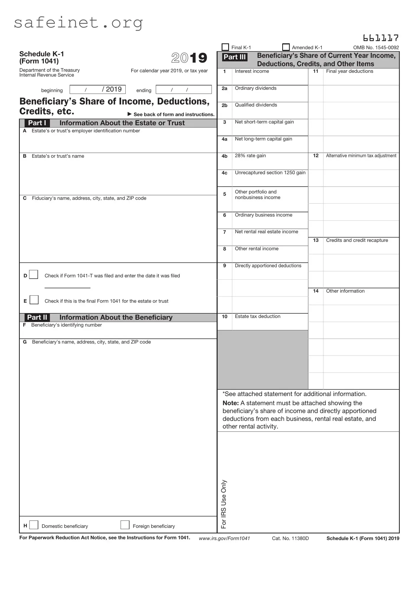 Blank IRS Schedule K-1 1041 Template