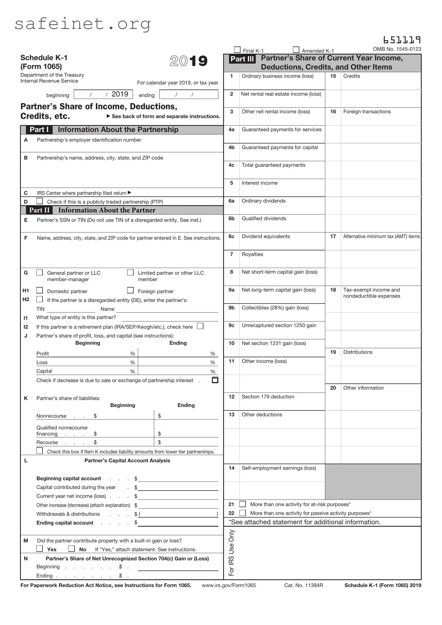 Blank IRS Schedule K-1 1065 Template