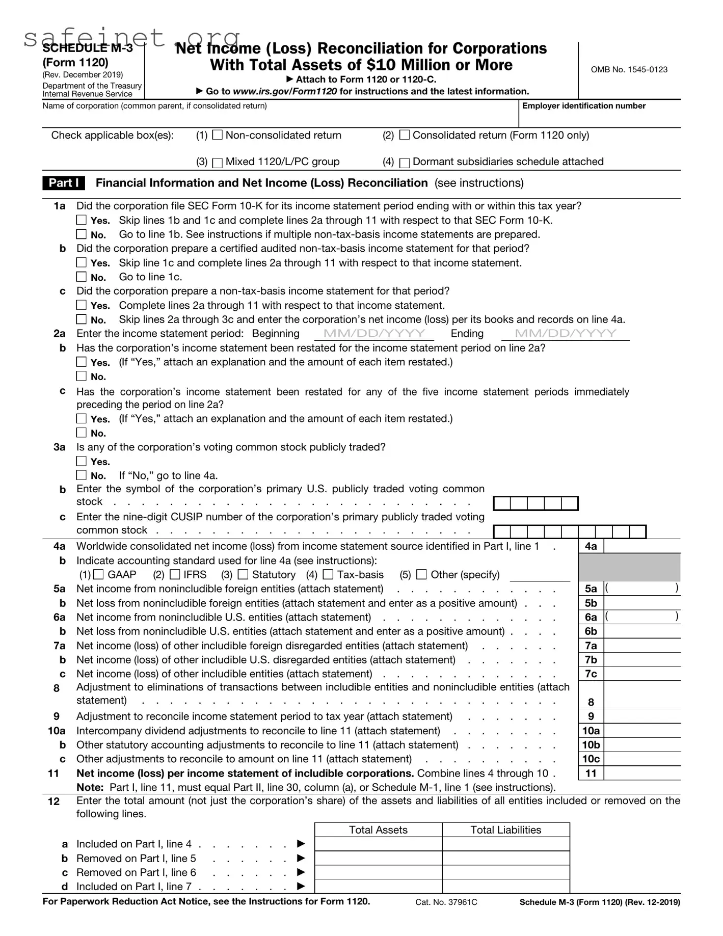 Blank IRS Schedule M-3 1120 Template
