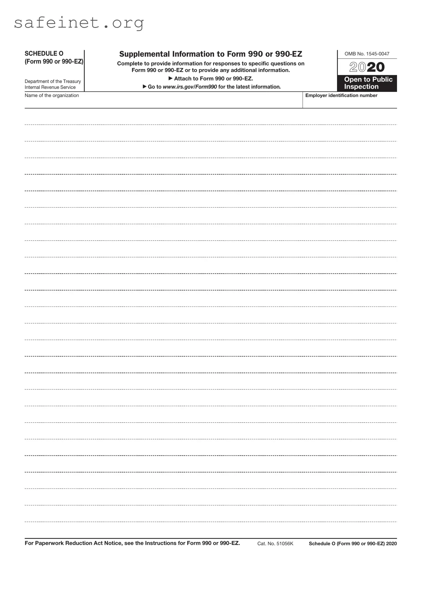 Blank IRS Schedule O 990 or 990-EZ Template