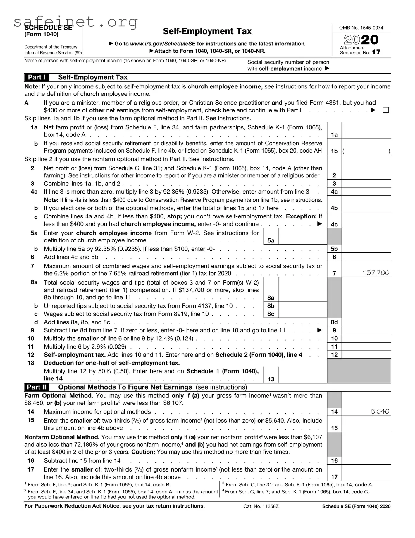 Blank IRS Schedule SE 1040 Template