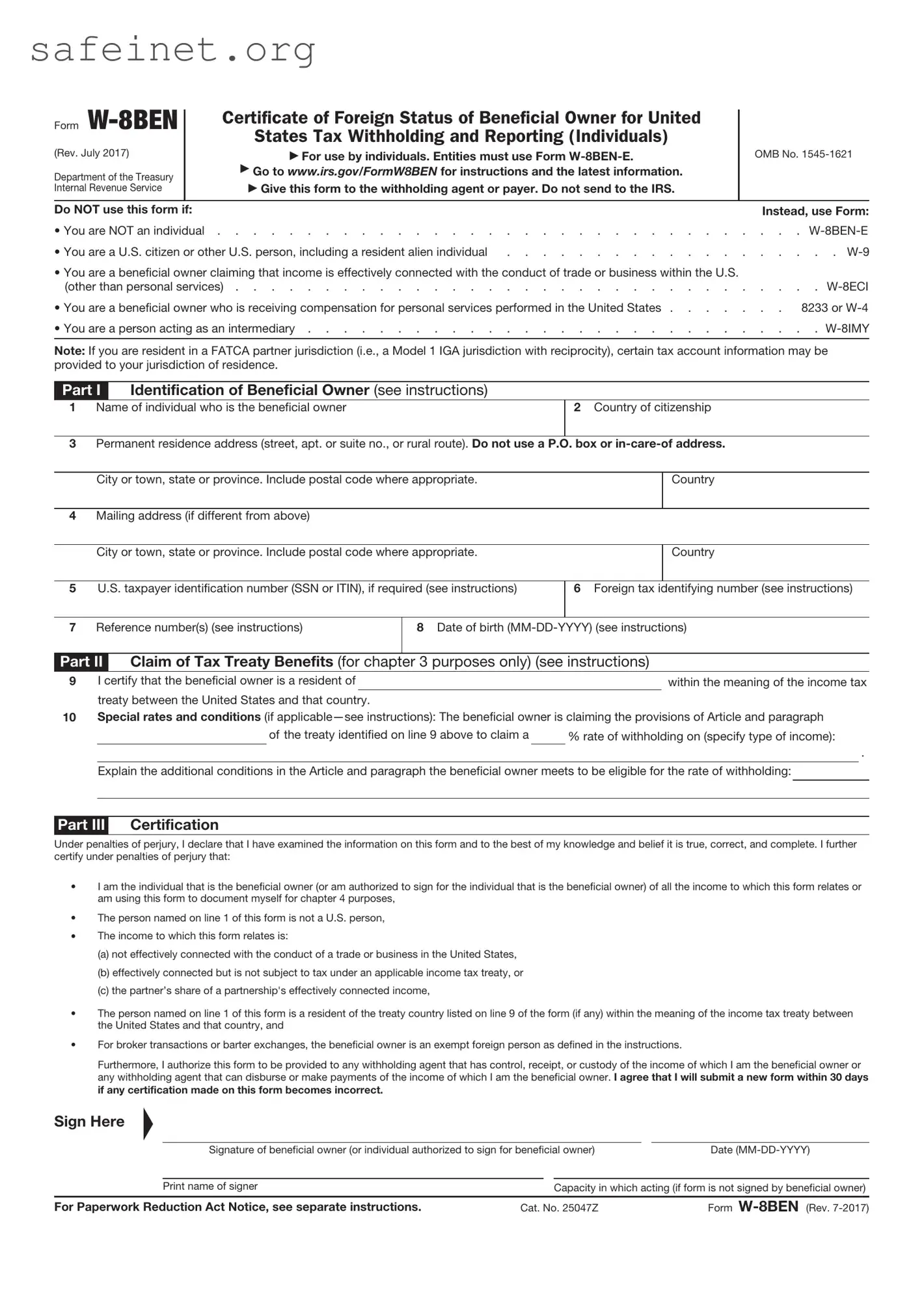 Blank IRS W-8BEN Template