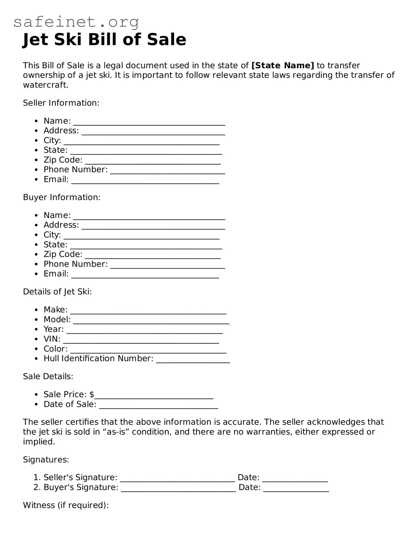 Official Jet Ski Bill of Sale Document