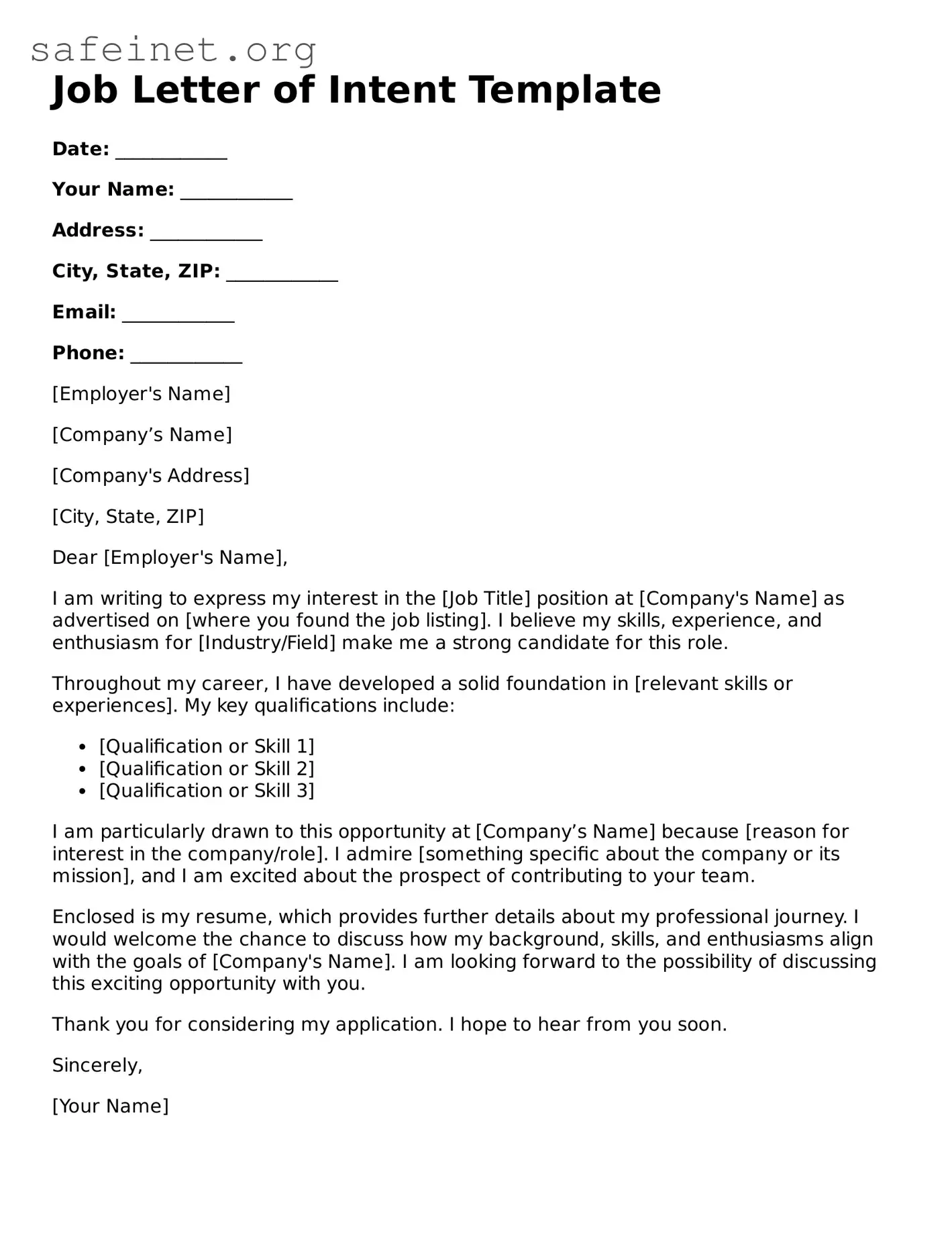 Official Job Letter of Intent Document