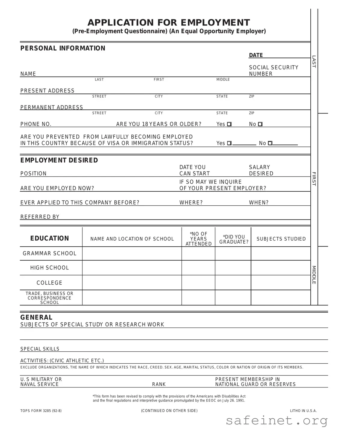 Blank Employment Application Pdf Template