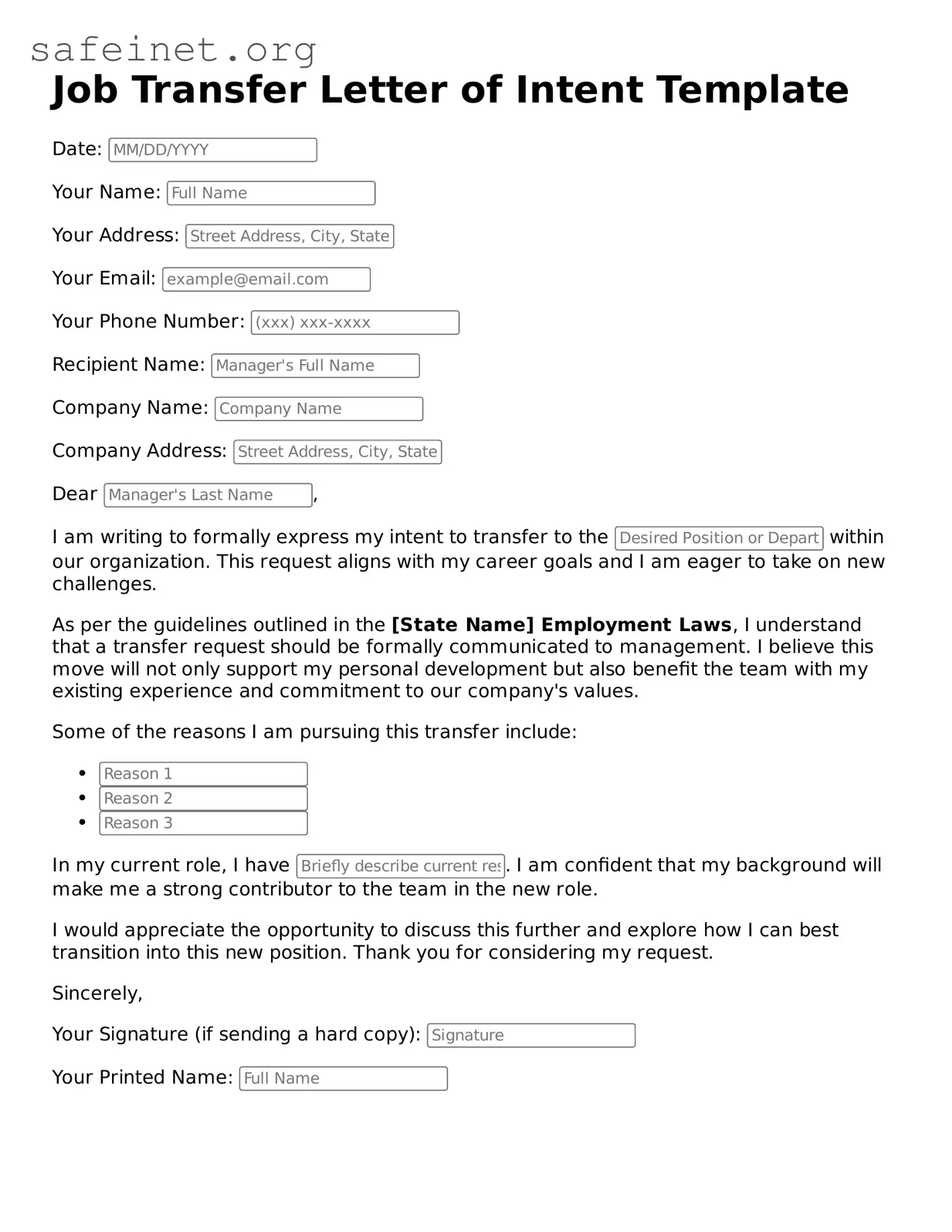 Official Job Transfer Letter of Intent Document