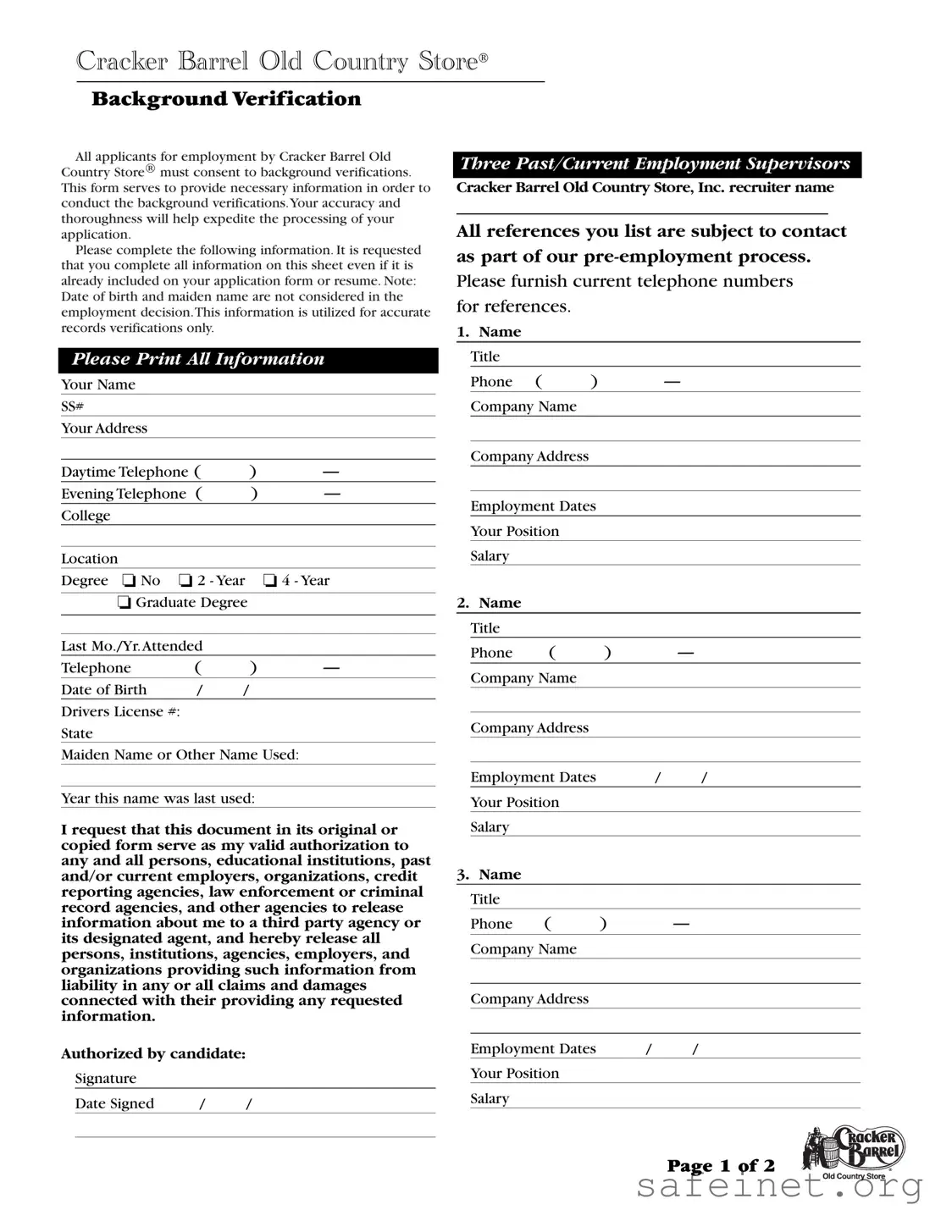 Blank Cracker Barrel Background Check Template