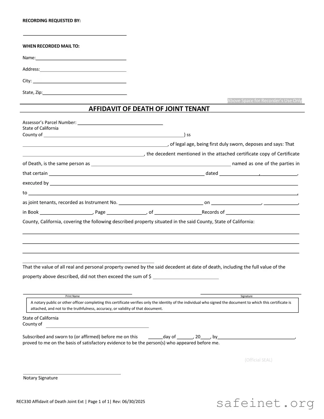 Blank California Death of a Joint Tenant Affidavit Template