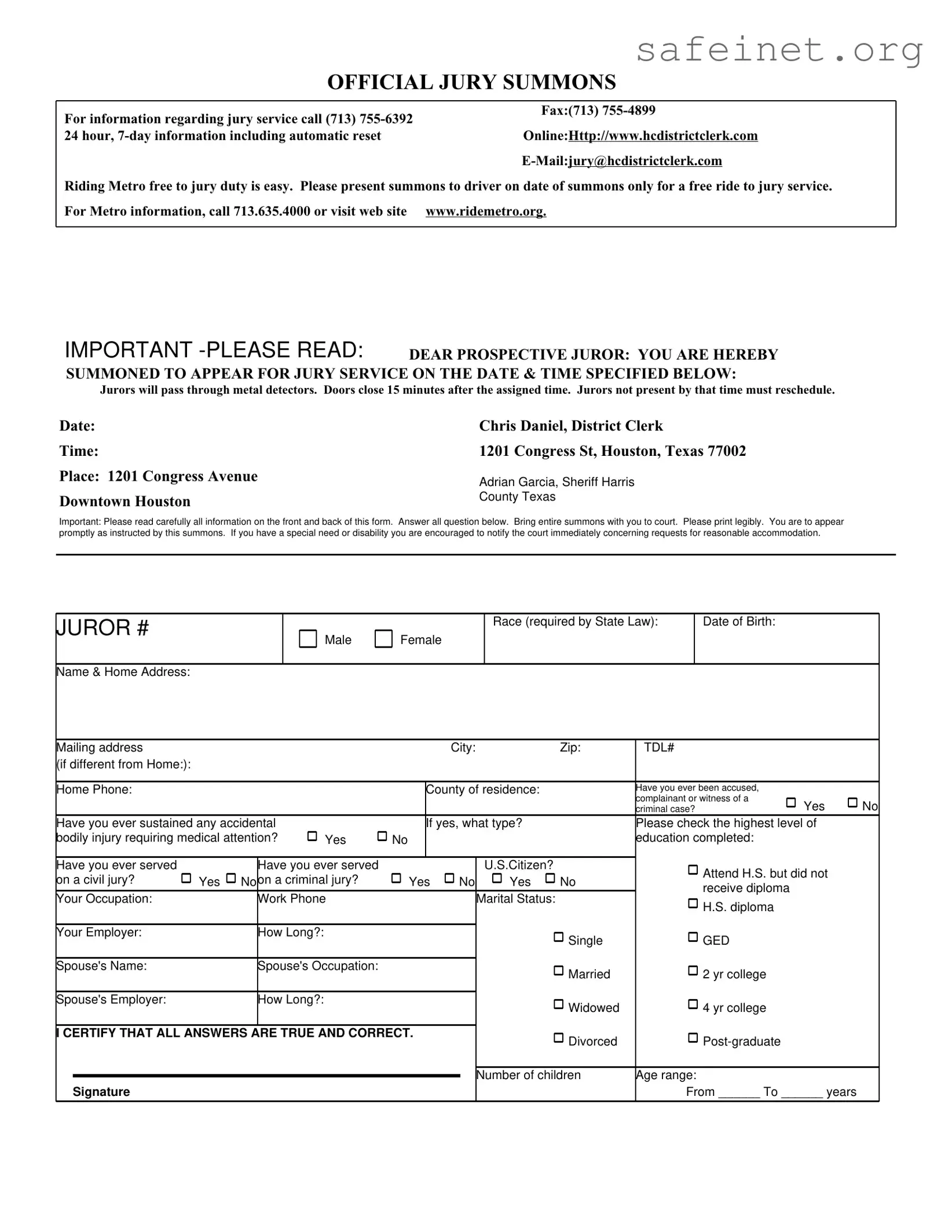 Blank Official Jury Summons Template