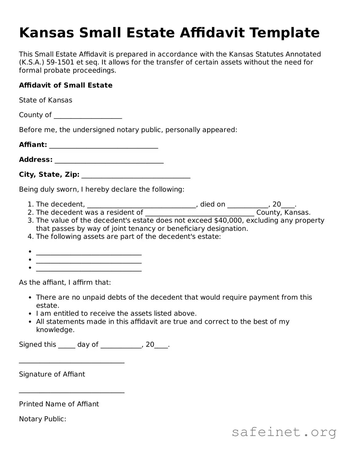 Valid Small Estate Affidavit Template for the State of Kansas
