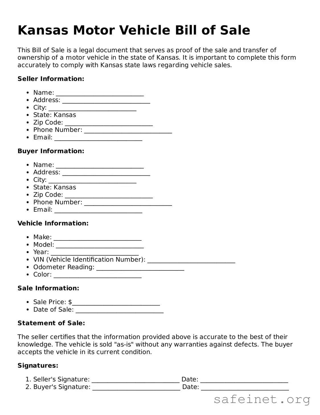 Valid Motor Vehicle Bill of Sale Template for the State of Kansas