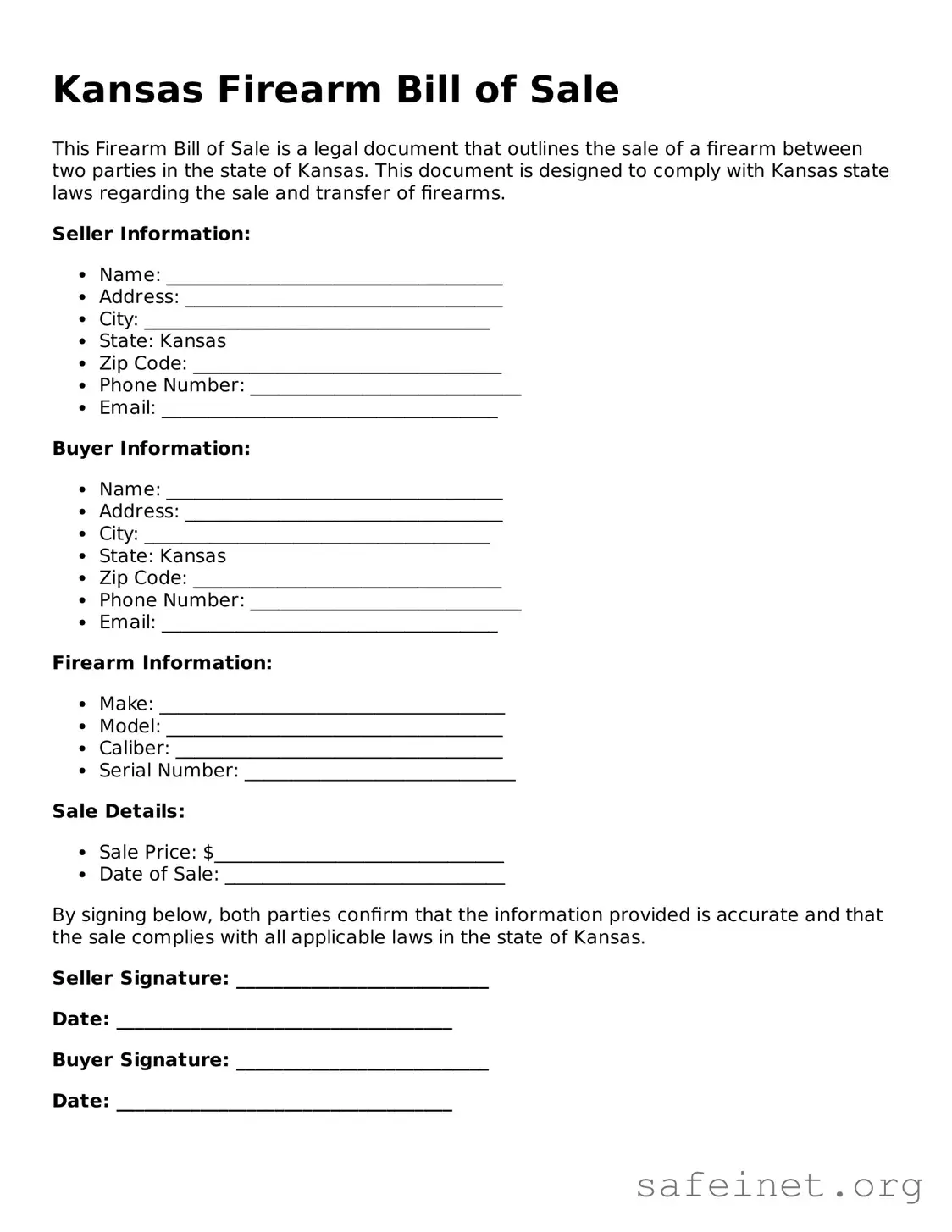 Valid Firearm Bill of Sale Template for the State of Kansas