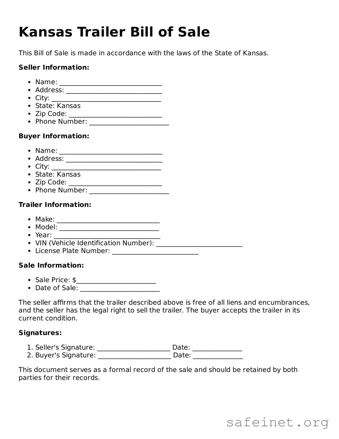 Valid Trailer Bill of Sale Template for the State of Kansas