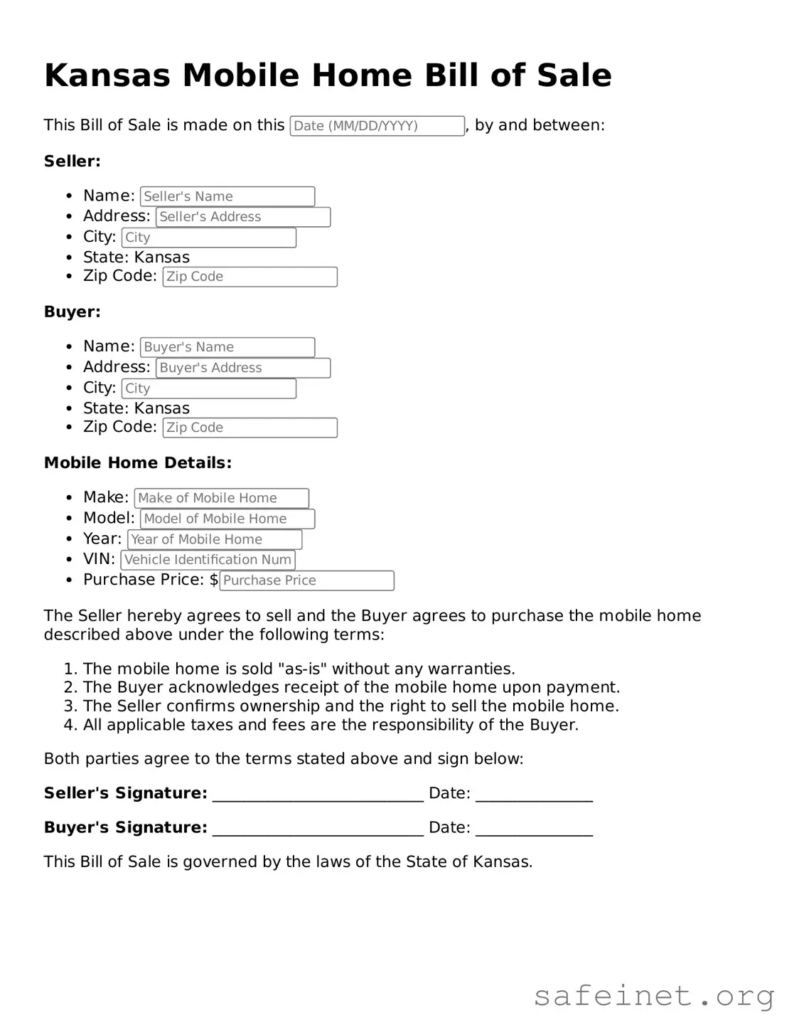Valid Mobile Home Bill of Sale Template for the State of Kansas