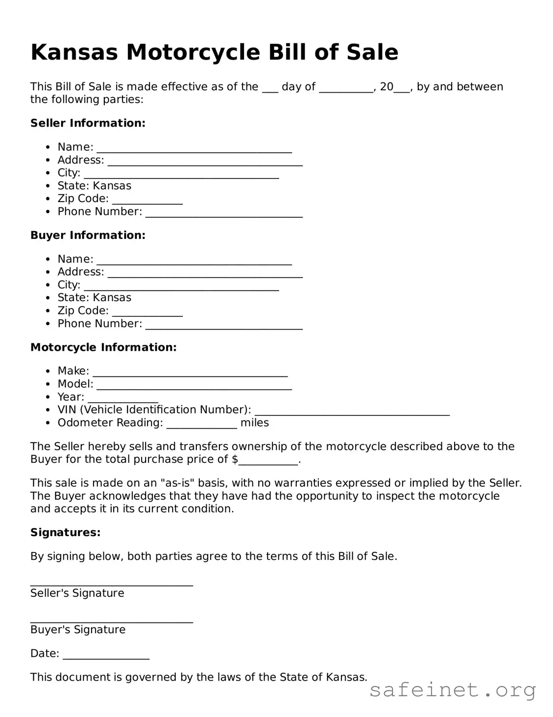 Valid Motorcycle Bill of Sale Template for the State of Kansas