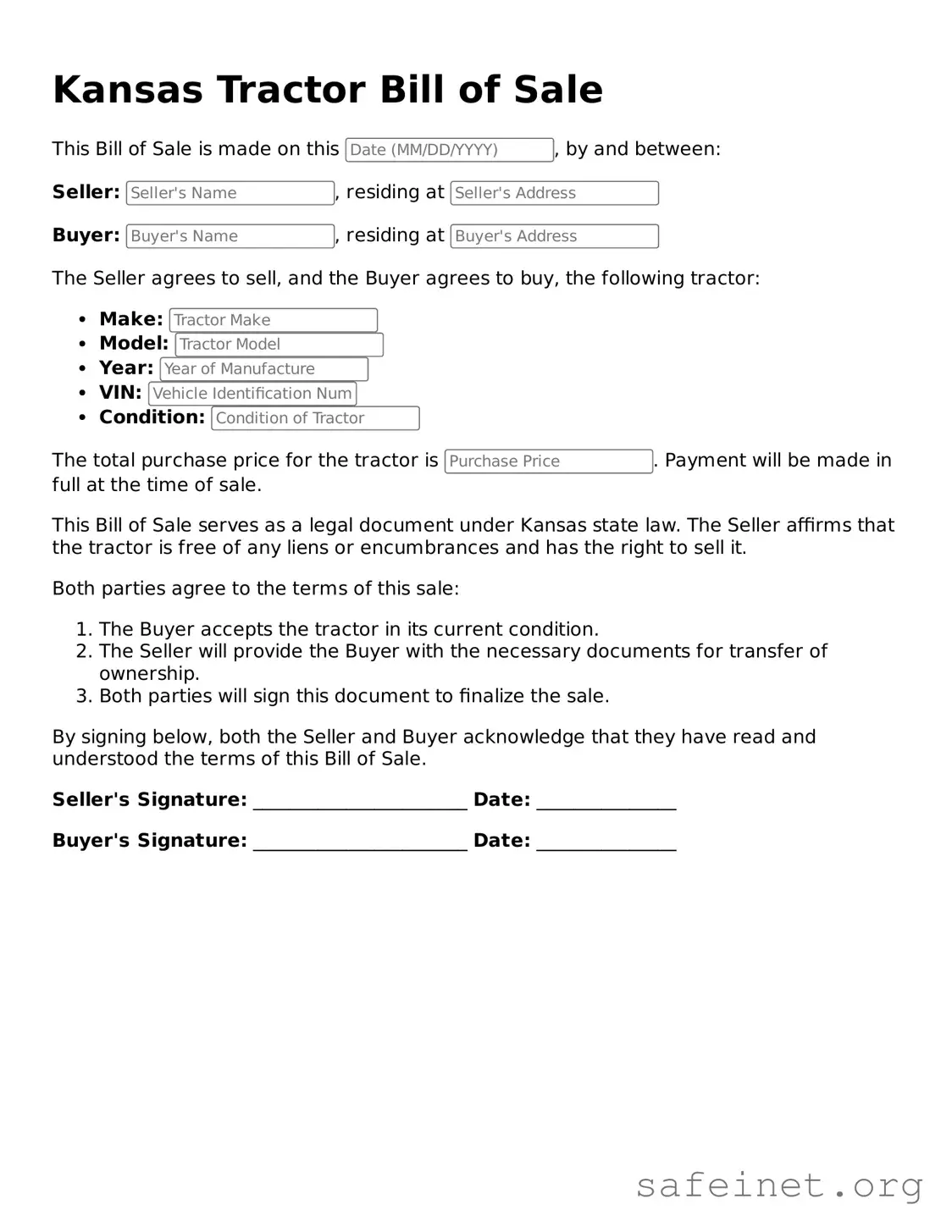 Valid Tractor Bill of Sale Template for the State of Kansas