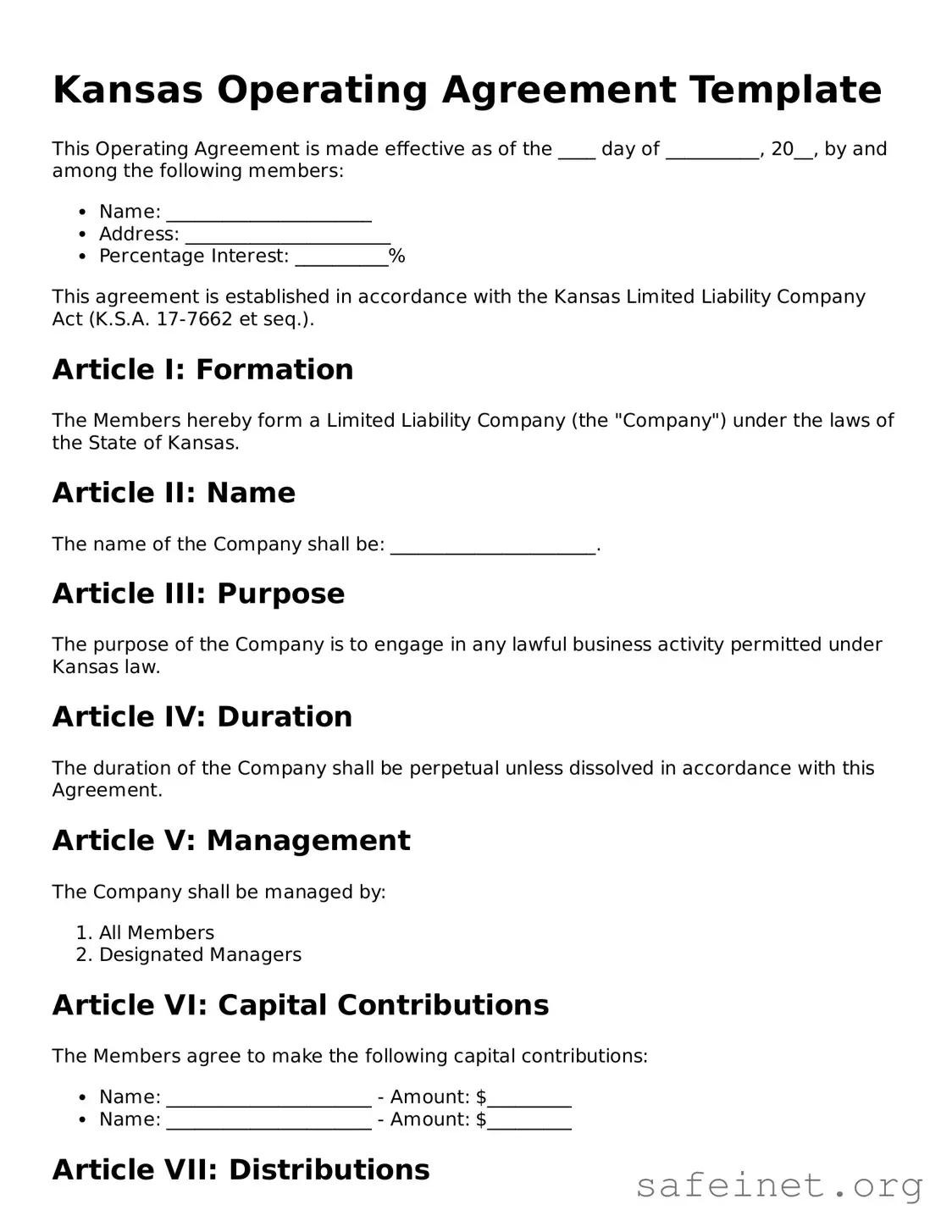 Valid Operating Agreement Template for the State of Kansas