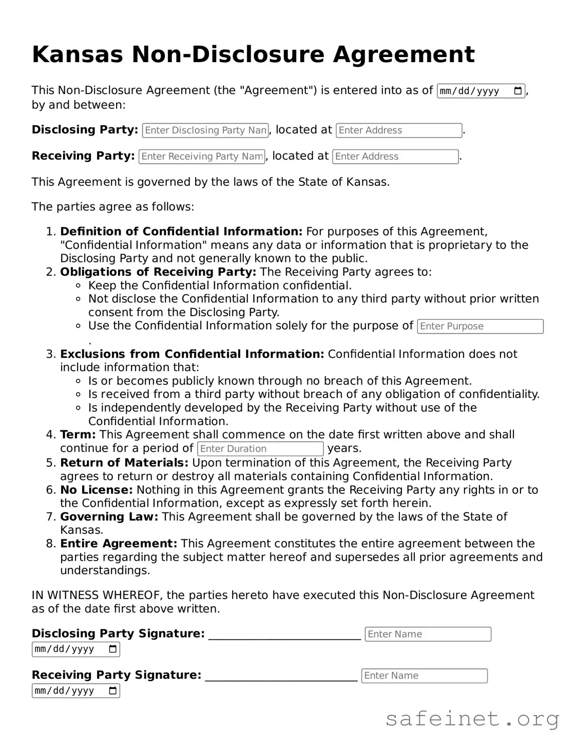 Valid Non-disclosure Agreement Template for the State of Kansas