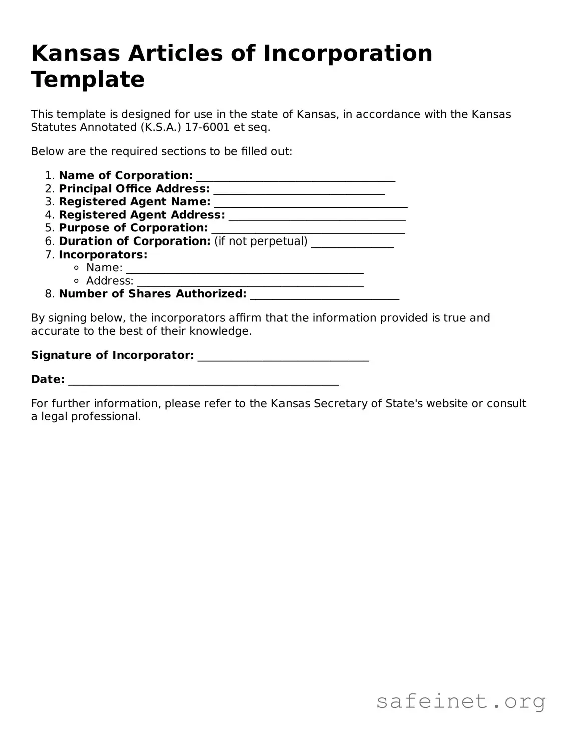 Valid Articles of Incorporation Template for the State of Kansas