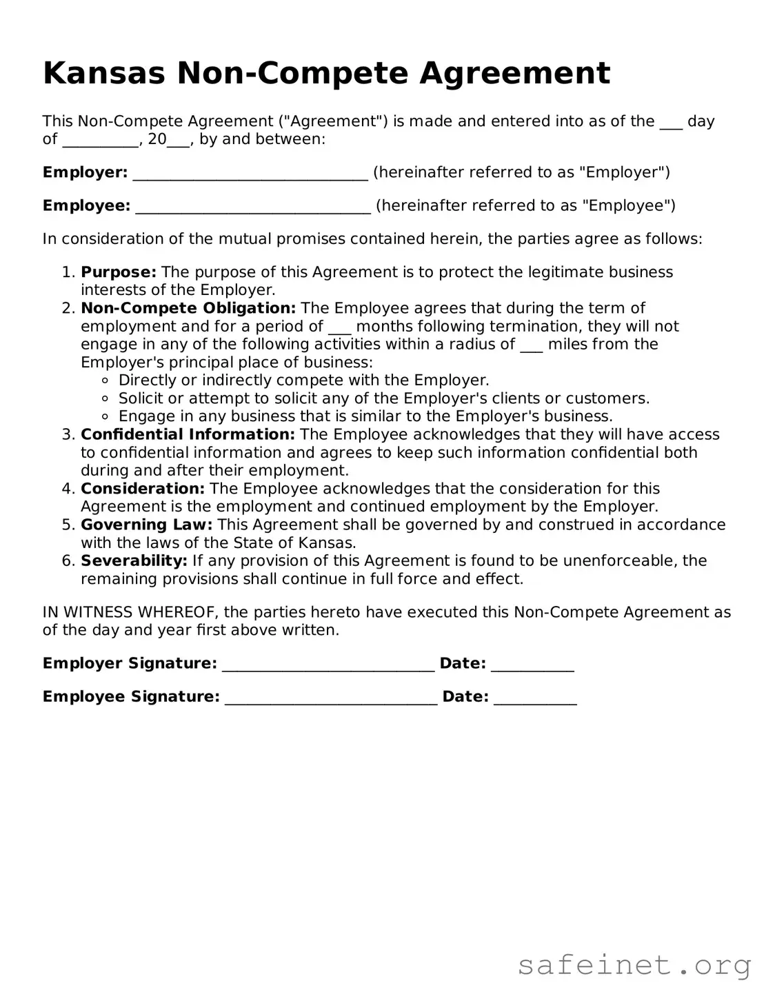 Valid Non-compete Agreement Template for the State of Kansas