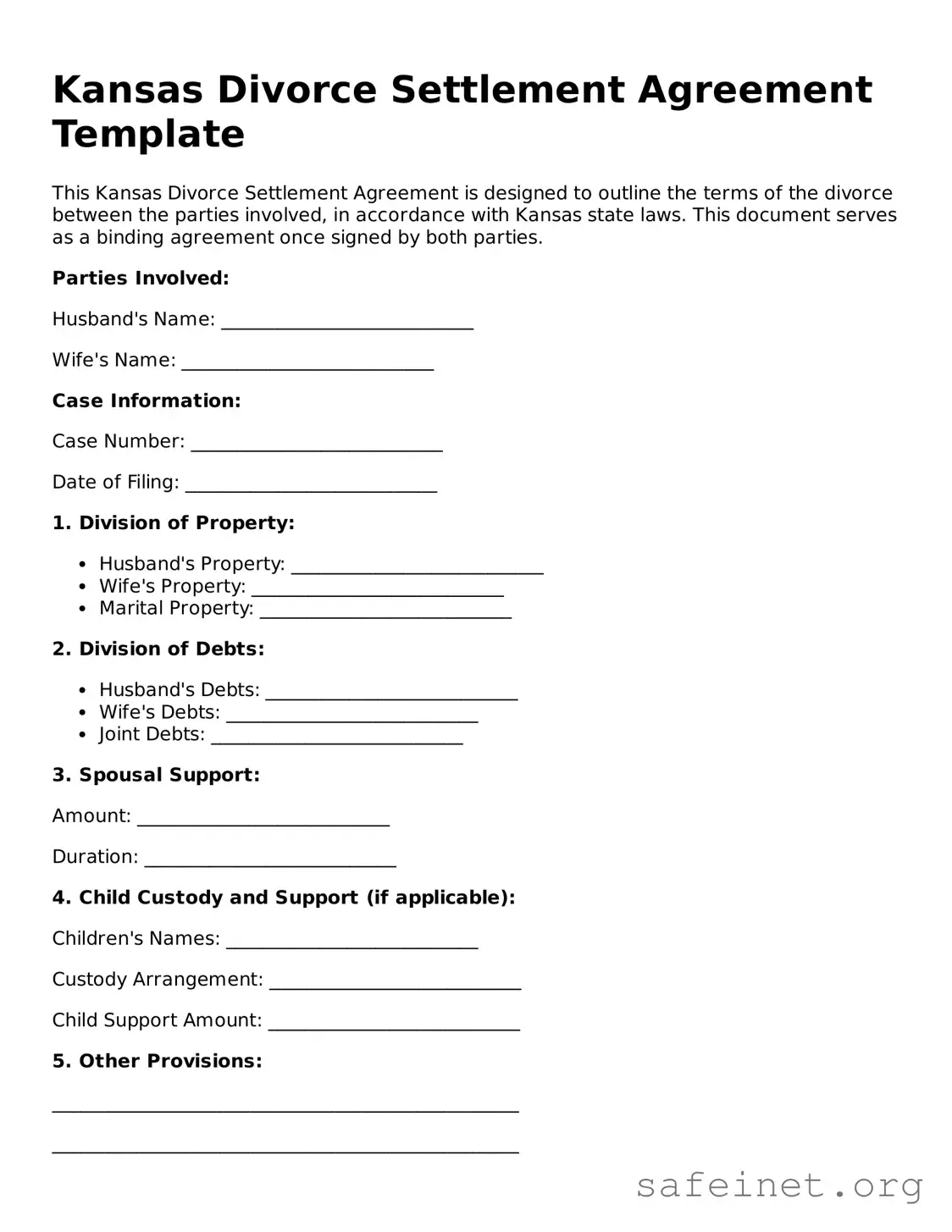 Valid Divorce Settlement Agreement Template for the State of Kansas