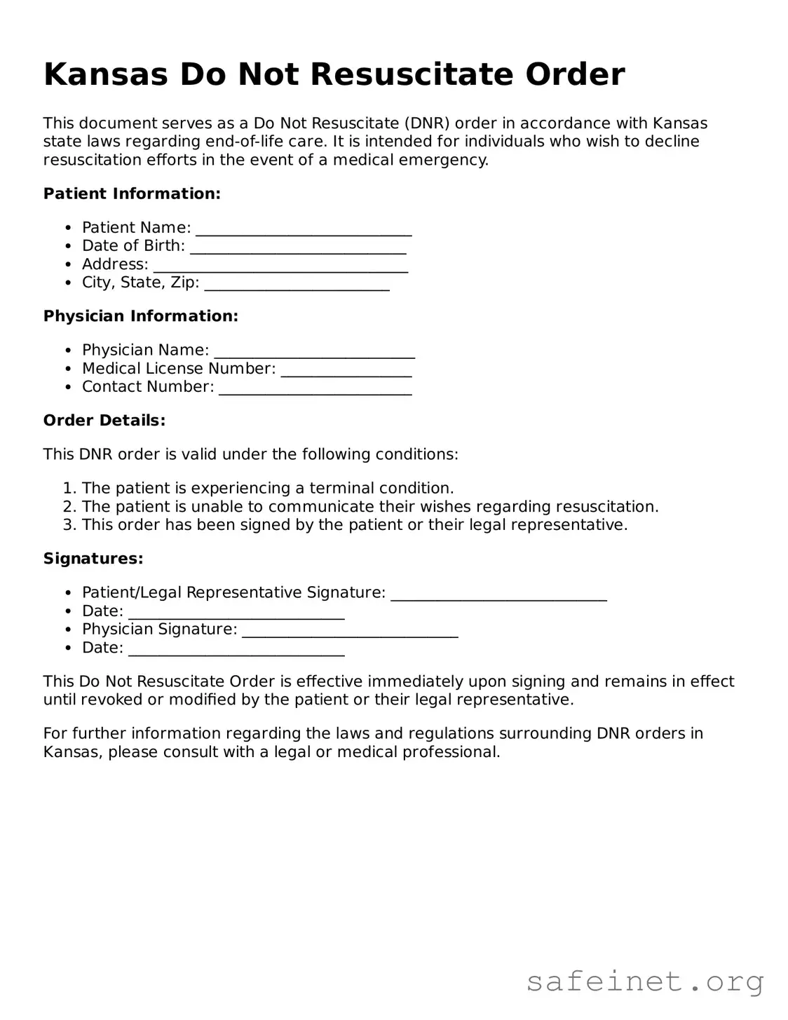 Valid Do Not Resuscitate Order Template for the State of Kansas