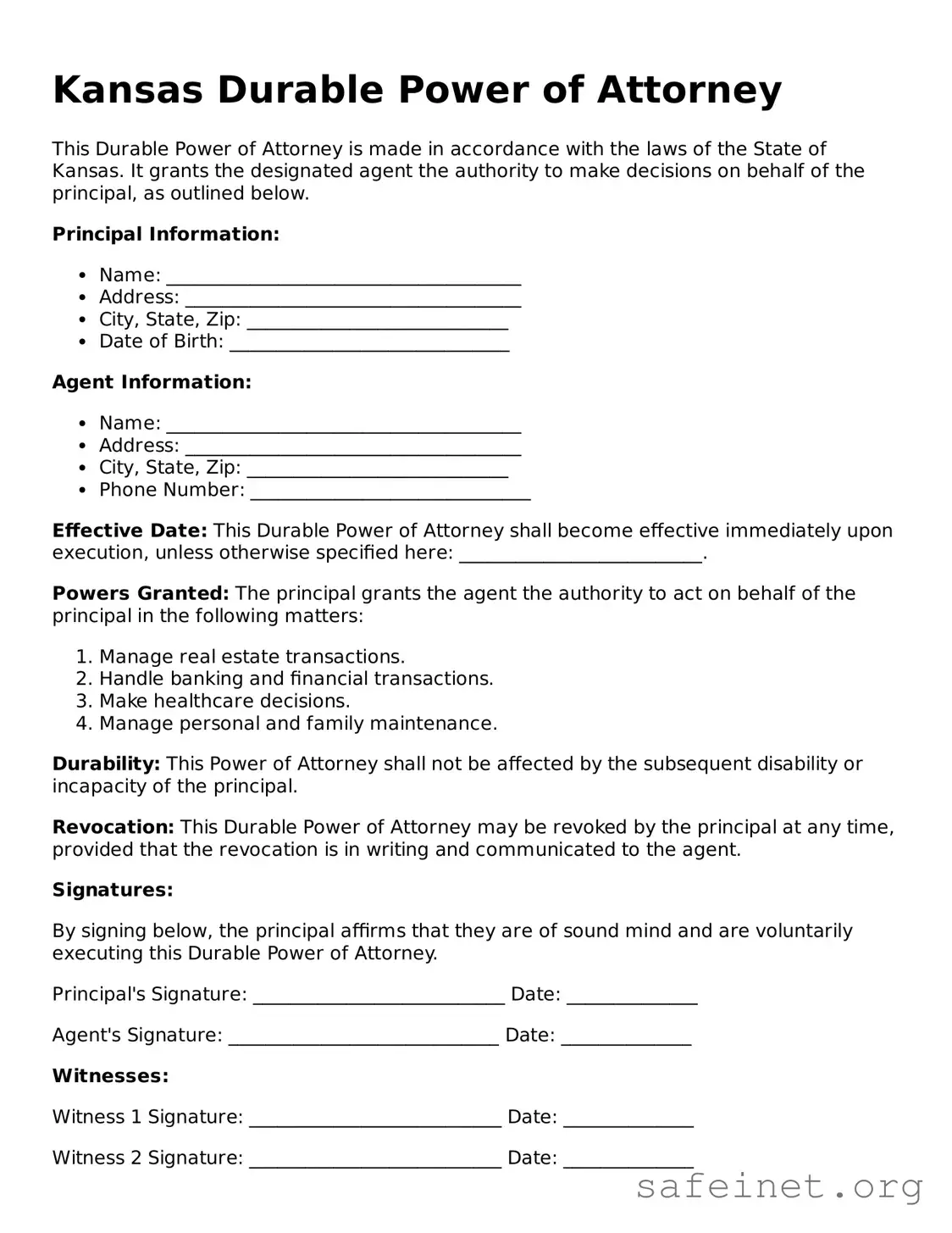 Valid Durable Power of Attorney Template for the State of Kansas