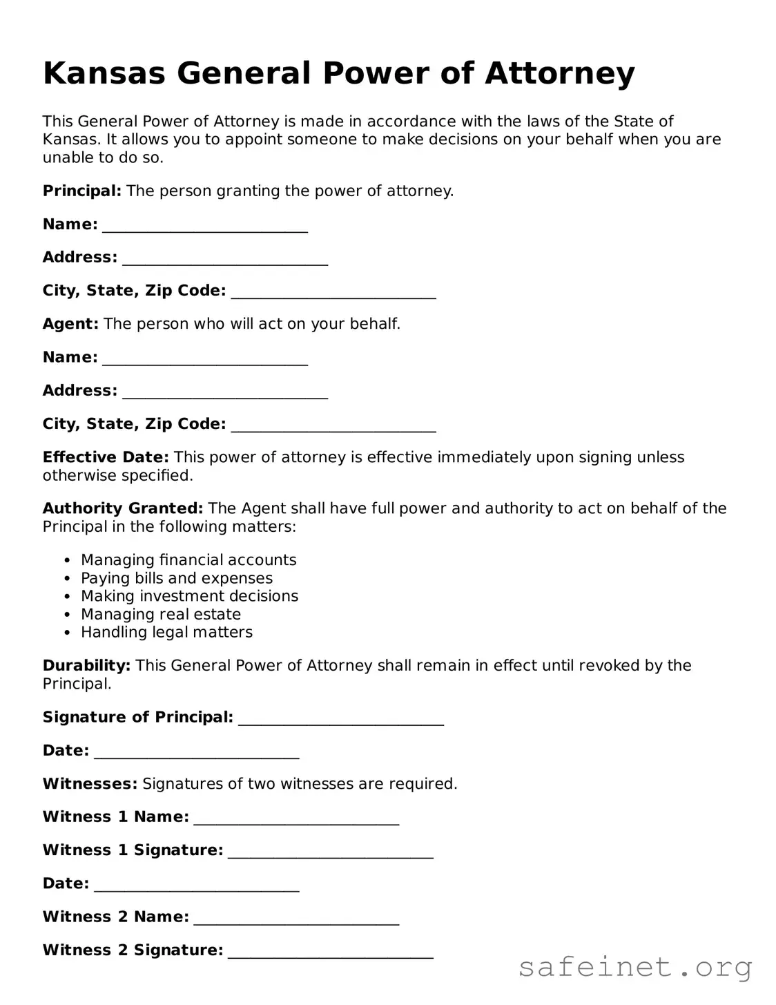 Valid General Power of Attorney Template for the State of Kansas