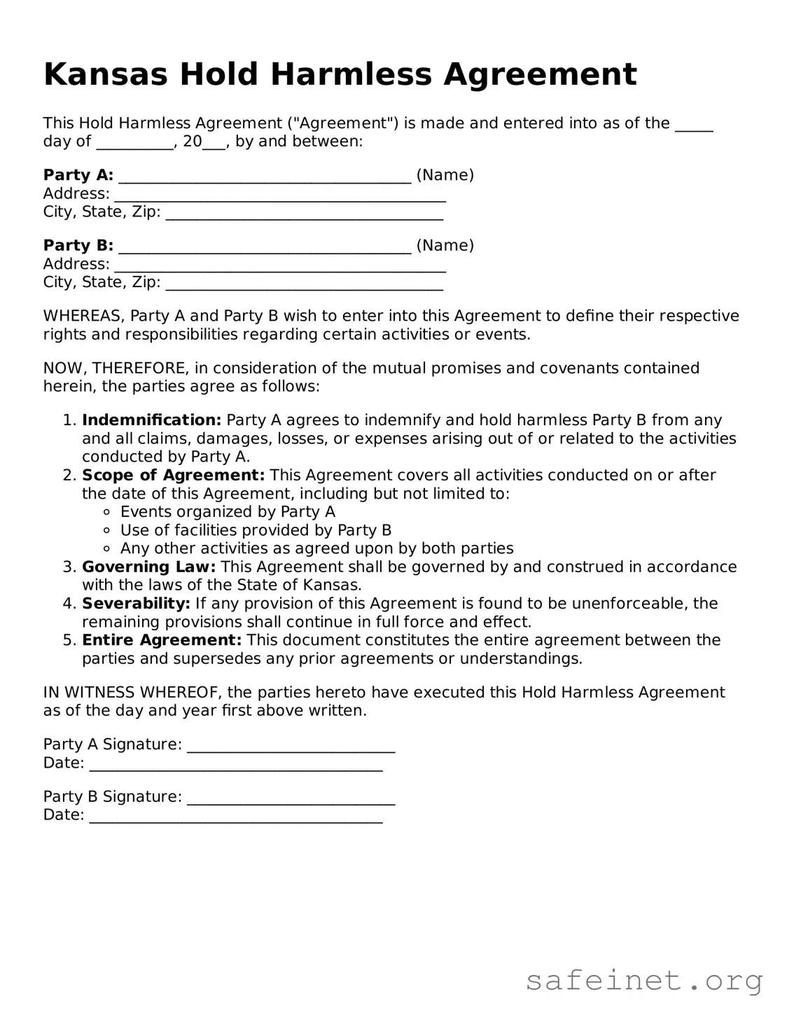 Valid Hold Harmless Agreement Template for the State of Kansas