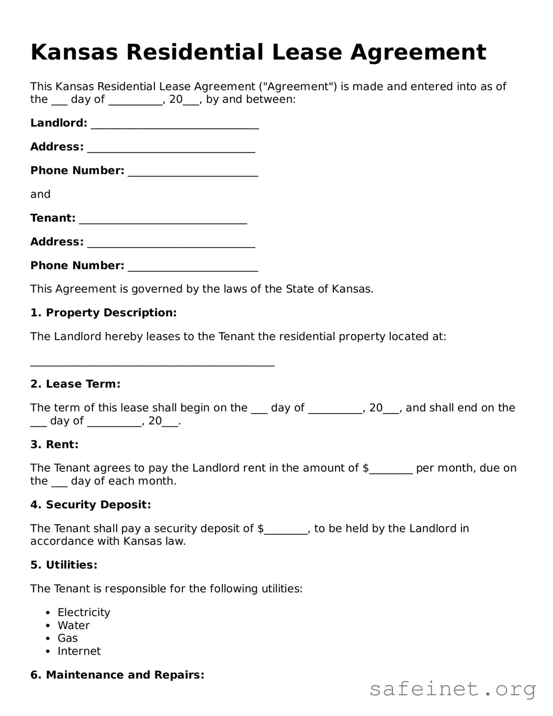 Valid Residential Lease Agreement Template for the State of Kansas