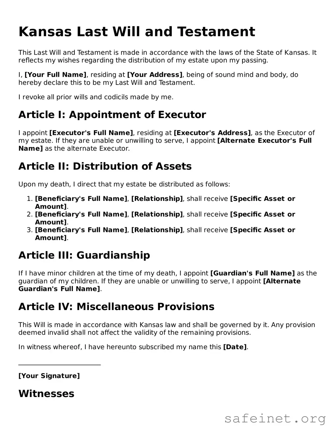 Valid Last Will and Testament Template for the State of Kansas